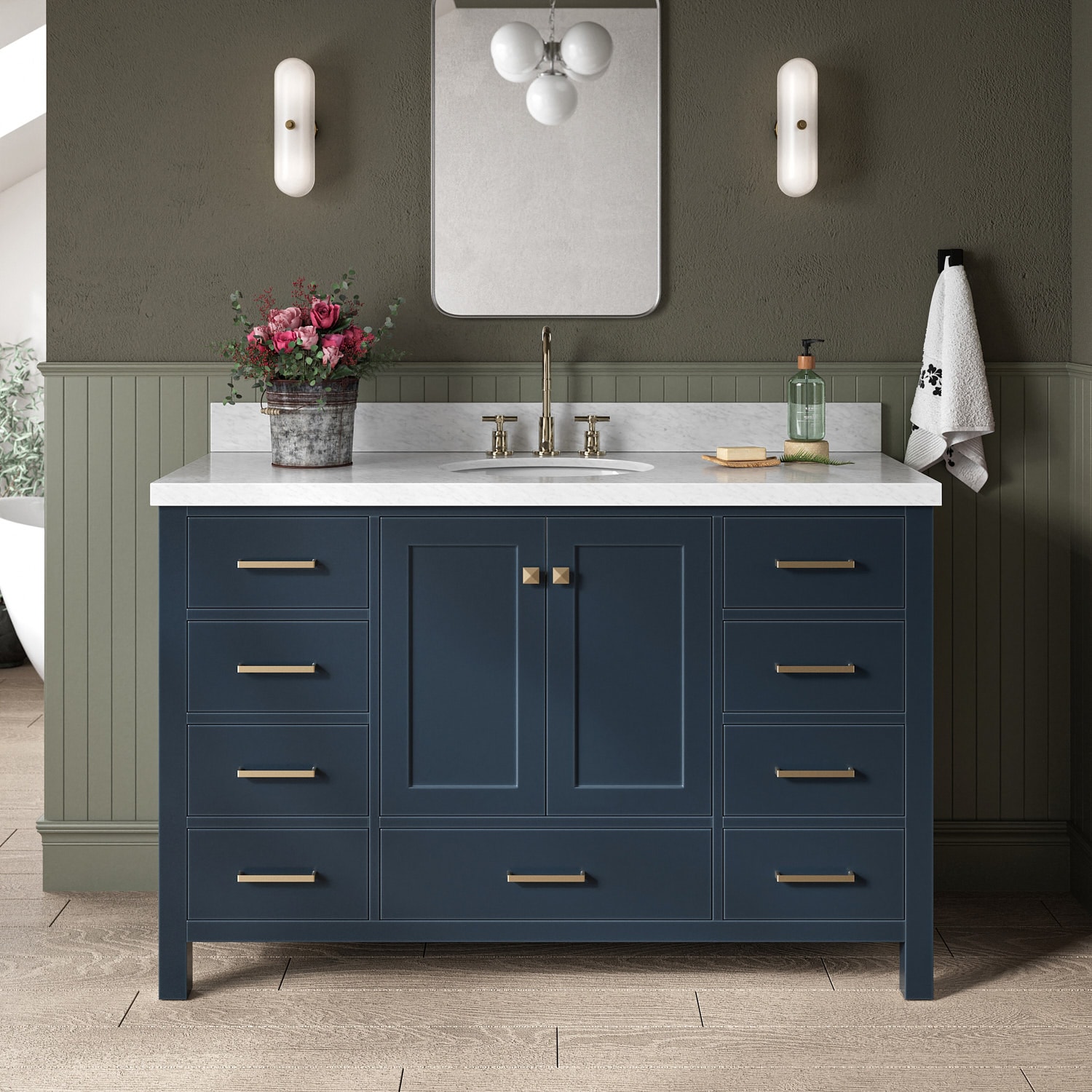 ARIEL A055S-VO-MNB Cambridge 55-in Midnight Blue Undermount Single sink Bathroom Vanity with Carrara White Marble Natural marble Top