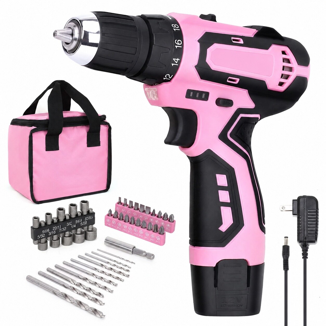Aoibox  42 Piece 12V Pink Drill Kit 3 8 In Electrical ion cord-free Drill Driver With 1 5 ah Electrical Charger Screw
