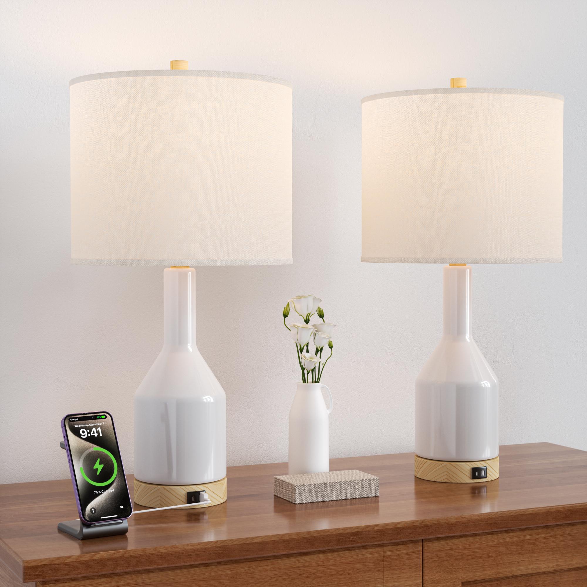Maxax 24 in. Vintage Adjustable Temperature Ceramic Solid Wood For Bedroom/Living Room Bedside Desk Nightstand Table Lamp With Linen Drum Shade Lantern And USB Port