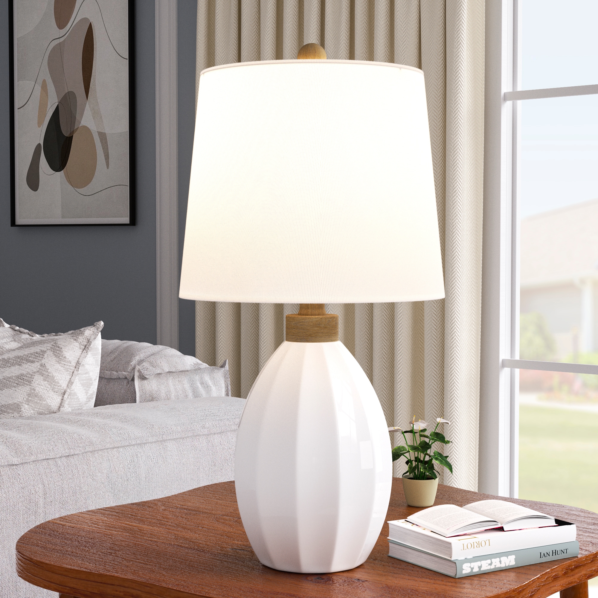 Maxax T228-WH-S Deluxe 23.5-Inches White and Wooden Grain LED Incandescent Rotary socket Table Lamp with Linen Shade