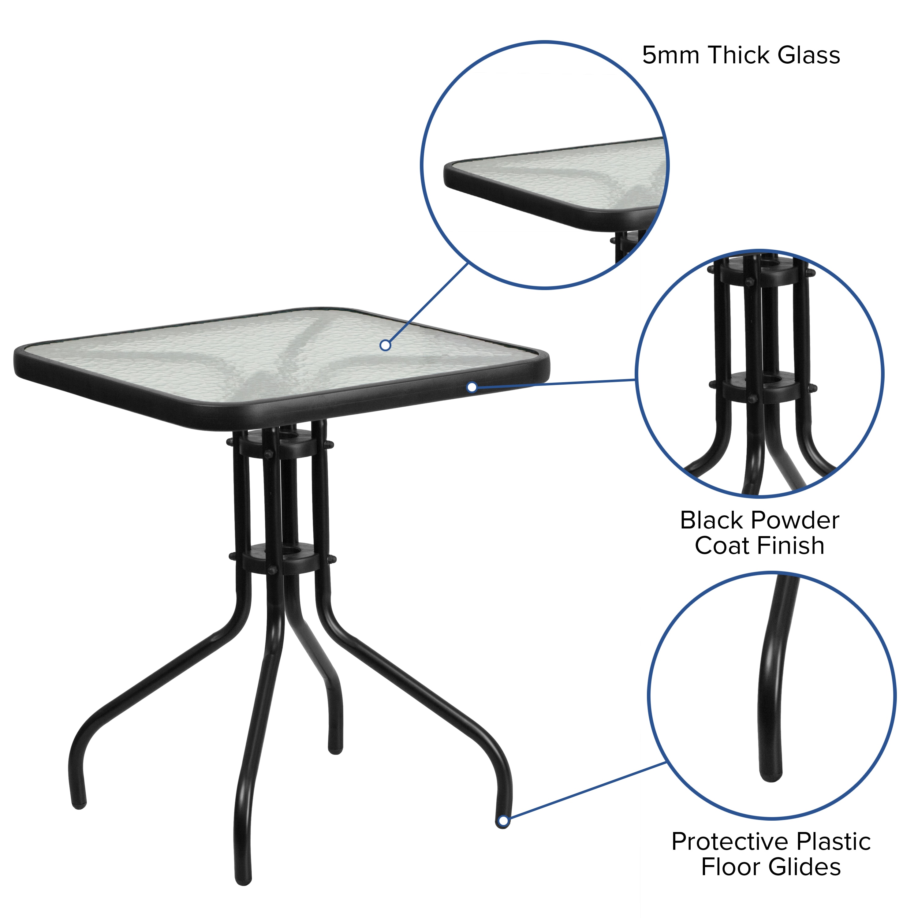 23.5'' Square Tempered Glass Metal Bistro Dining Table in Black