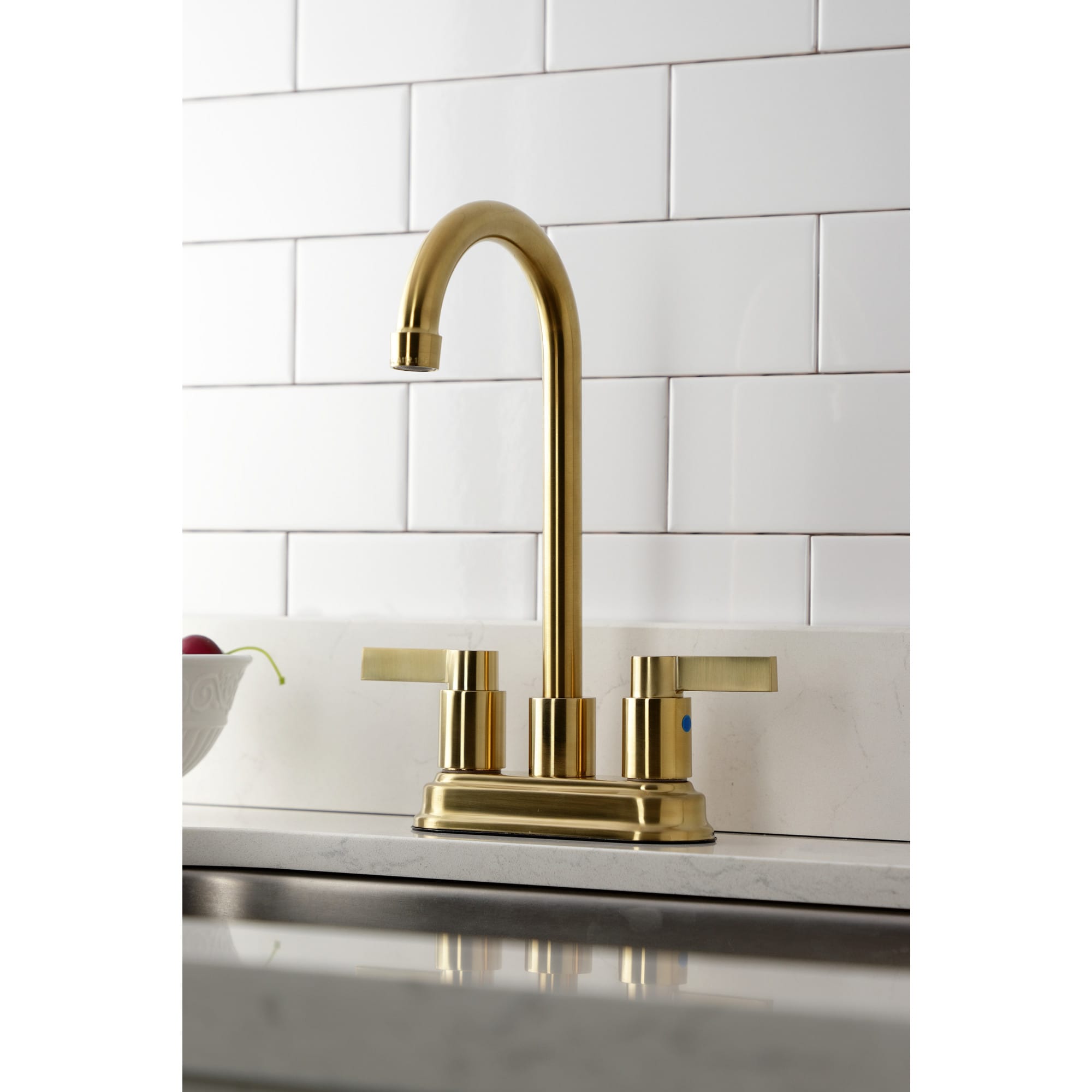 Kingston Brass WLKB8497NDL NuvoFusion Brushed brass Double Handle Deck-mount Bar and Prep Kitchen Faucet