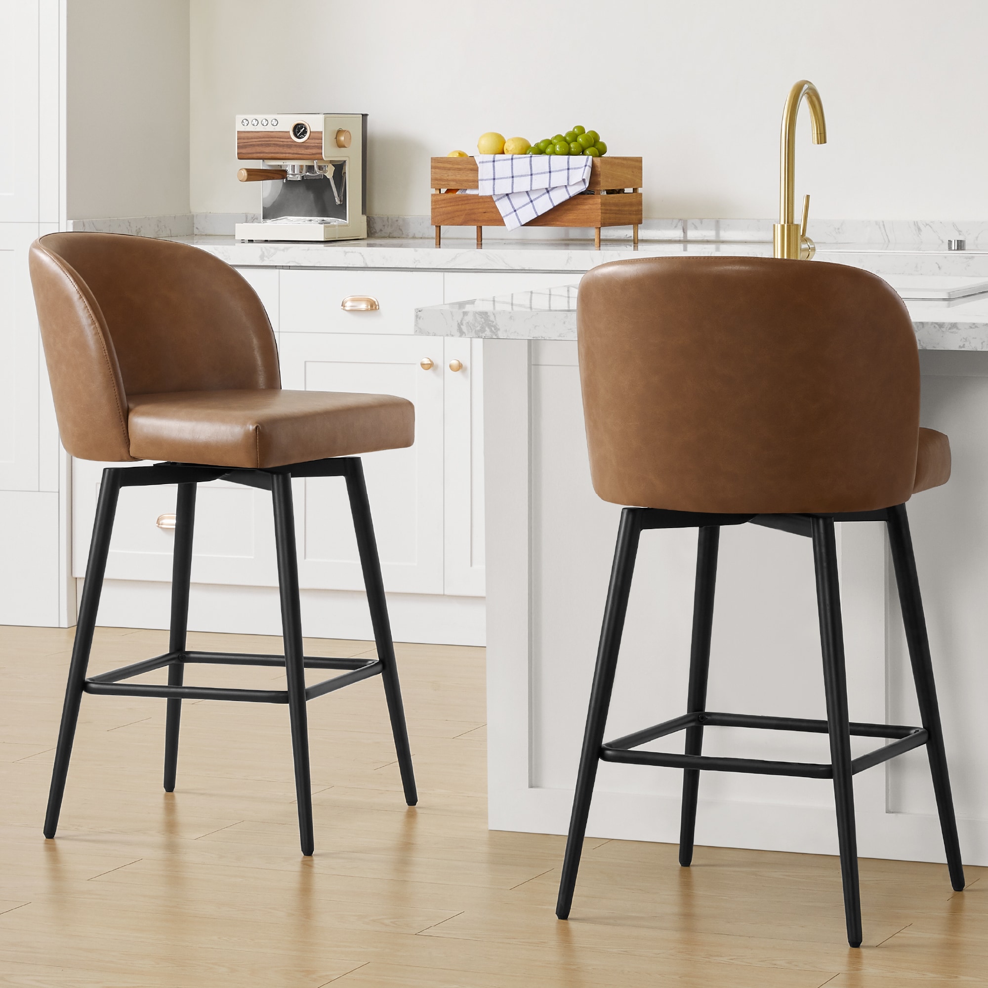 Circle 55 LWSY2001-CU6722 2 -Set Camel 27-in H Counter height Bucket seat Upholstered Swivel Metal Bar Stool and Back