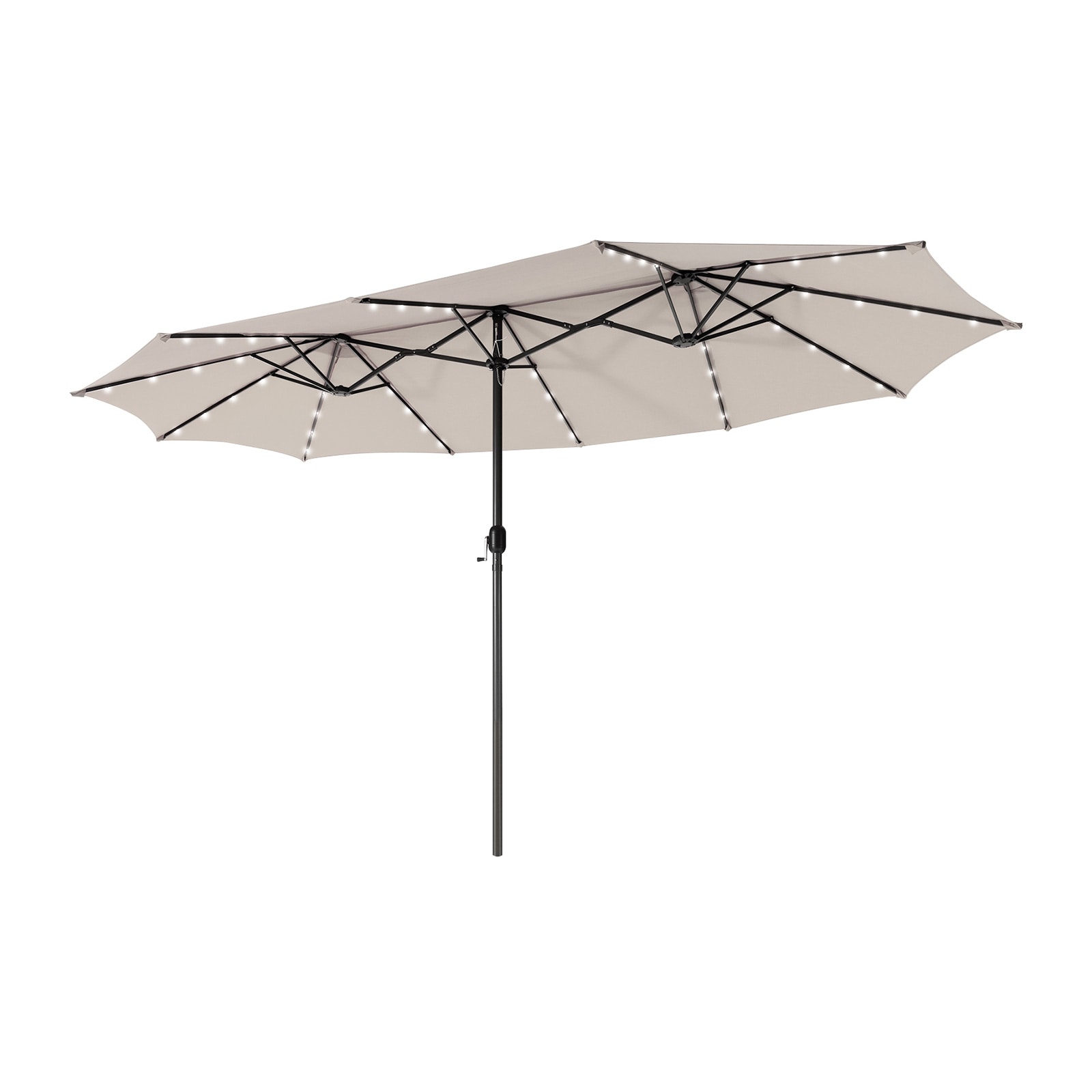 Volenca 15-ft Outdoor Twin Patio Umbrella with 12 Steel Ribs 48 Solar LED Lights and Hand-Crank