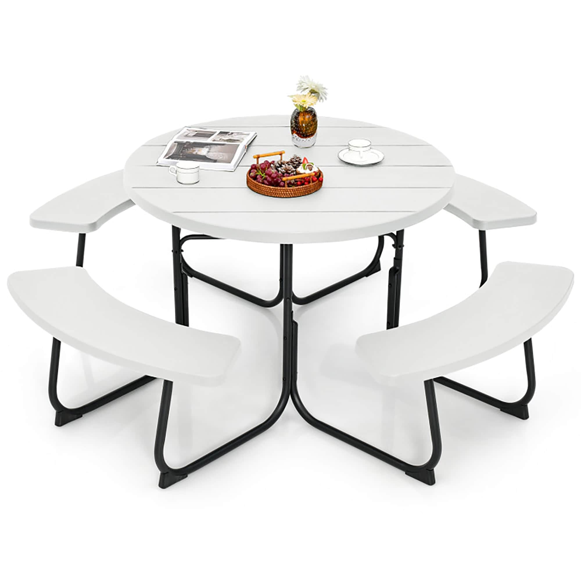 Boyel Living BL-NP11264WH 75 in. W White Round Composite Outdoor Picnic Table Bench Set for 8-Person with Umbrella Hole