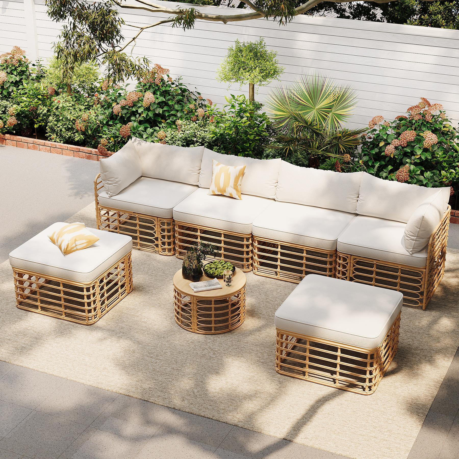 Dimakai DK-GO-33AAA 7 -Piece Wicker Patio Sofa Conversation Set with Beige Cushions