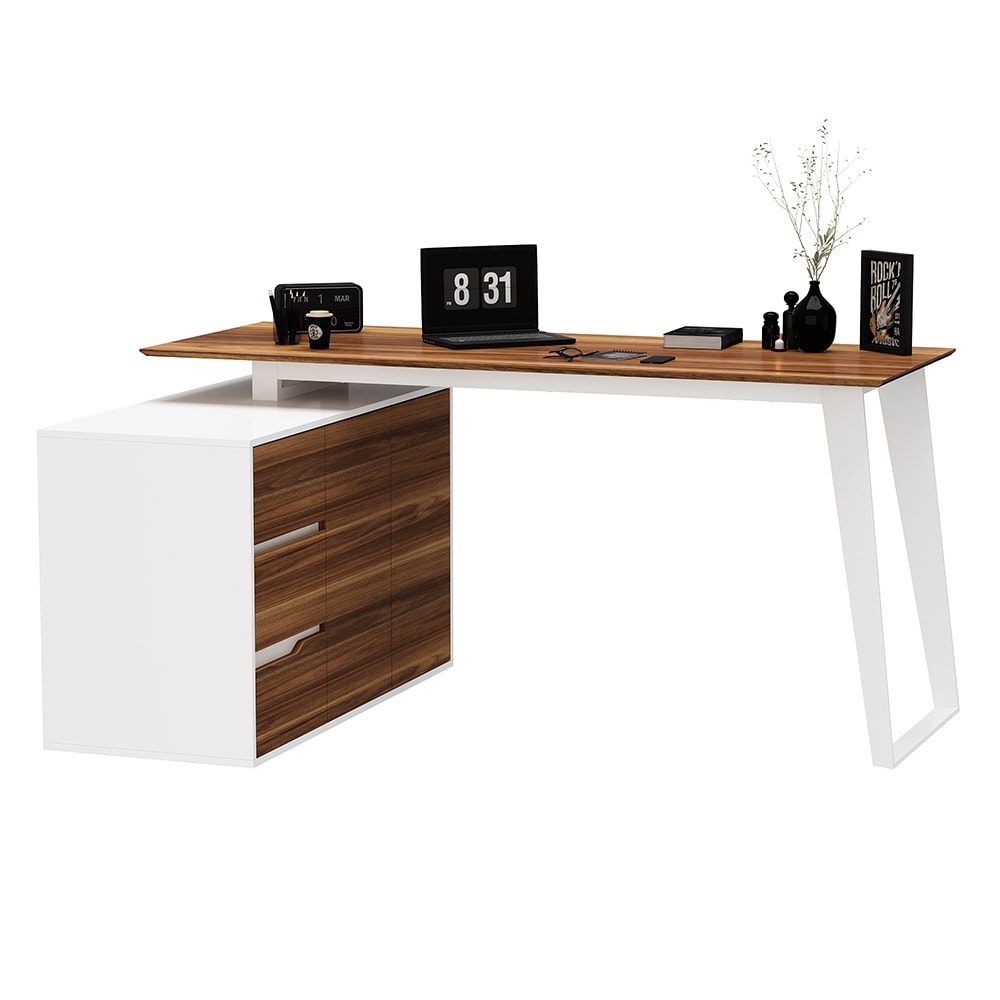  V-KF210181-02 L Shaped Computer Study Desk with Cabinet and 3 Drawers Corner Writing Workstation Table with Metal Legs for Home Office