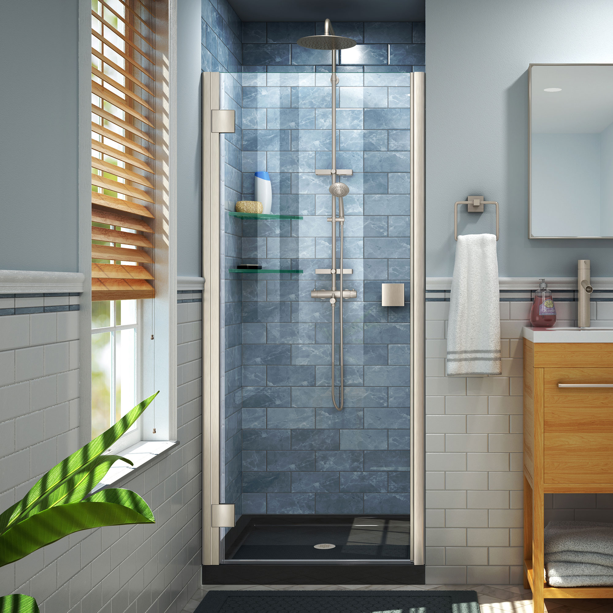 DreamLine DL-534242-88-04 Lumen 2 -Piece 42-in W x 42-in L x 75-in H Square Alcove shower kit ( Center Drain) Base and Door Included Brushed nickel Hardware Included
