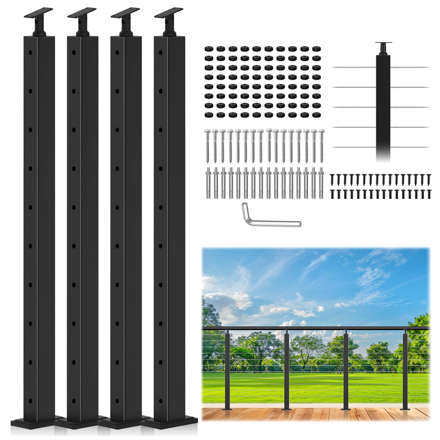 Anqtovp 4 pack black cable railing post 36 inch stainless steel T304 ...