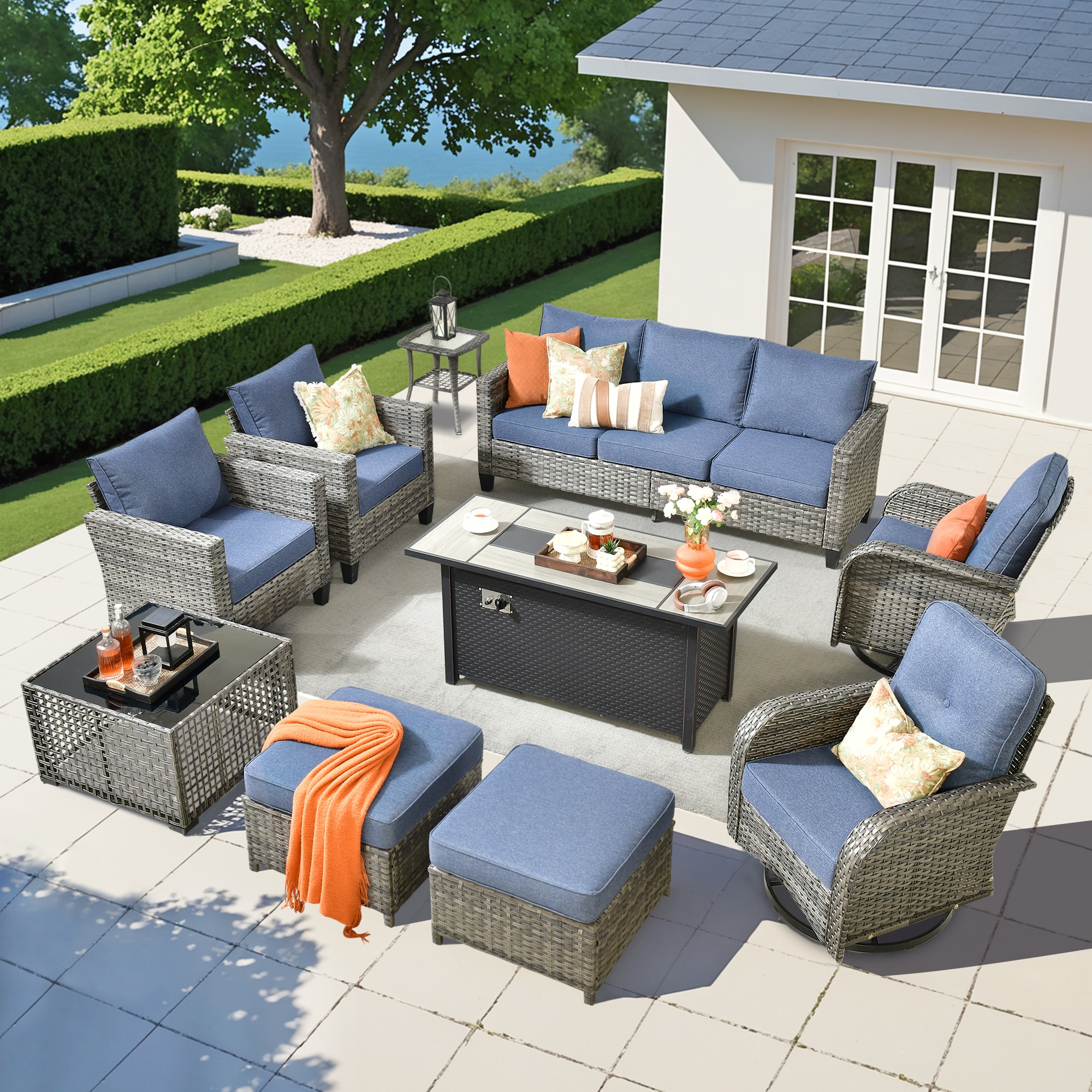 weaxty HMB8503YZNGNCRS39S1 Initial 10 -Piece Wicker Patio Sofa Conversation Set with Blue Cushions