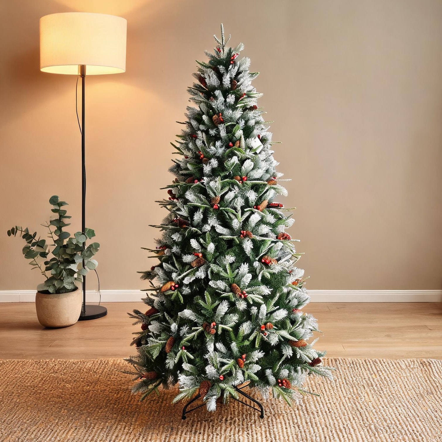 chillscreamni Indoor Full Fir Artificial Christmas Tree with Red Fruits and Pine Cones 48-Inch Green Finish