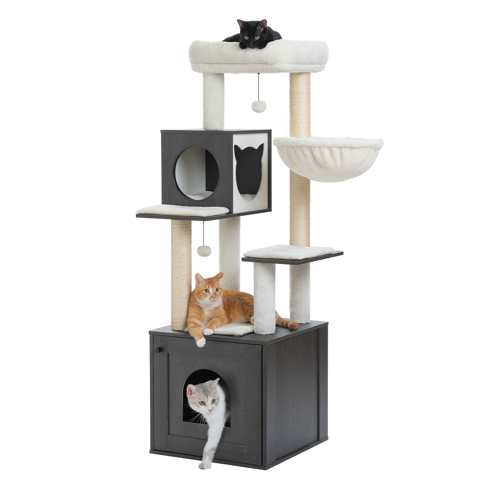 Cenadinz - 57.5 Inch Wood Cat Tree with Litter Box Enclosure Storage Cabinet Cat Condo Scratching...