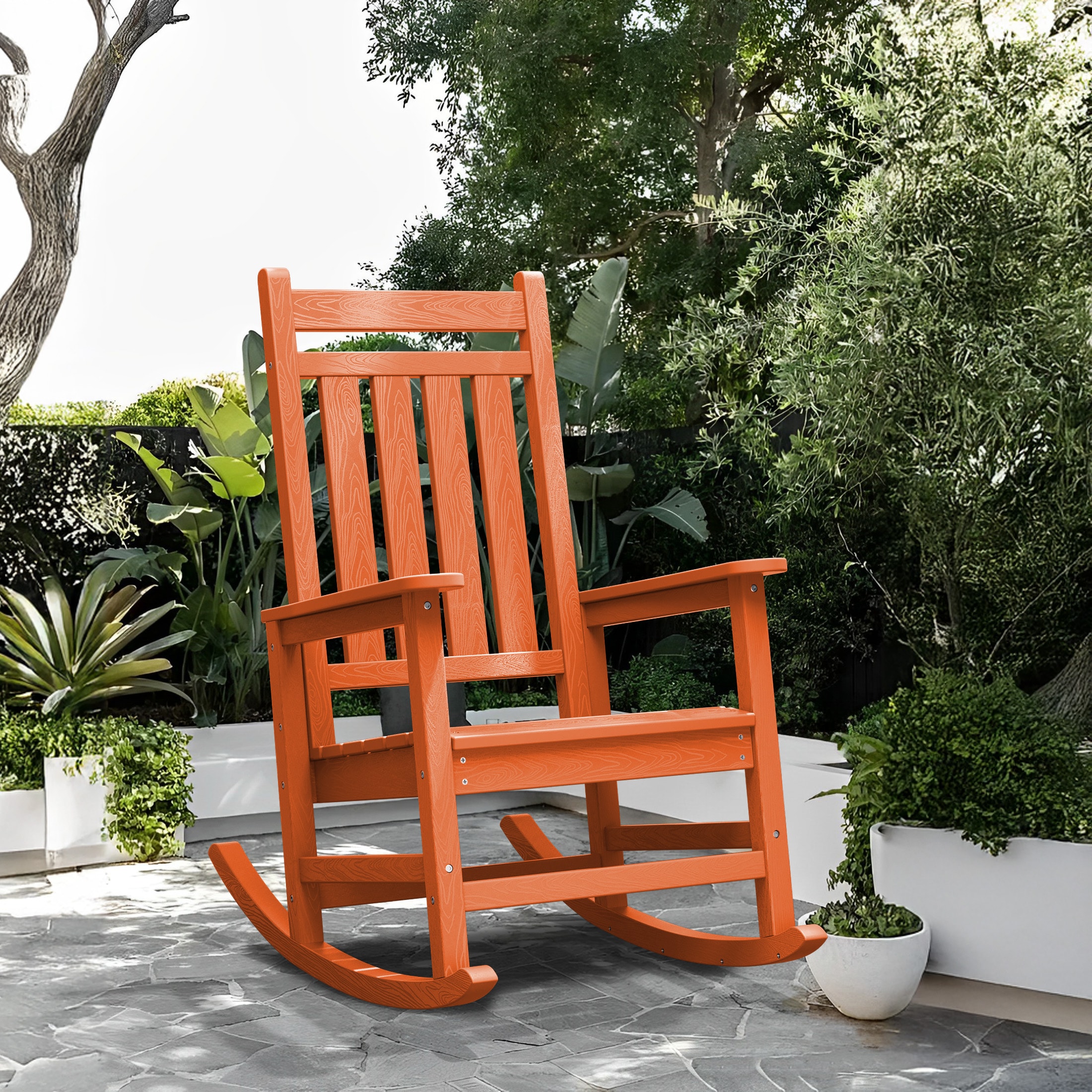 JEAREY PEGBYY-KD-OG HDPE High-back Patio Rocking Chair Orange HDPE Frame Rocking Chair with Slat Seat