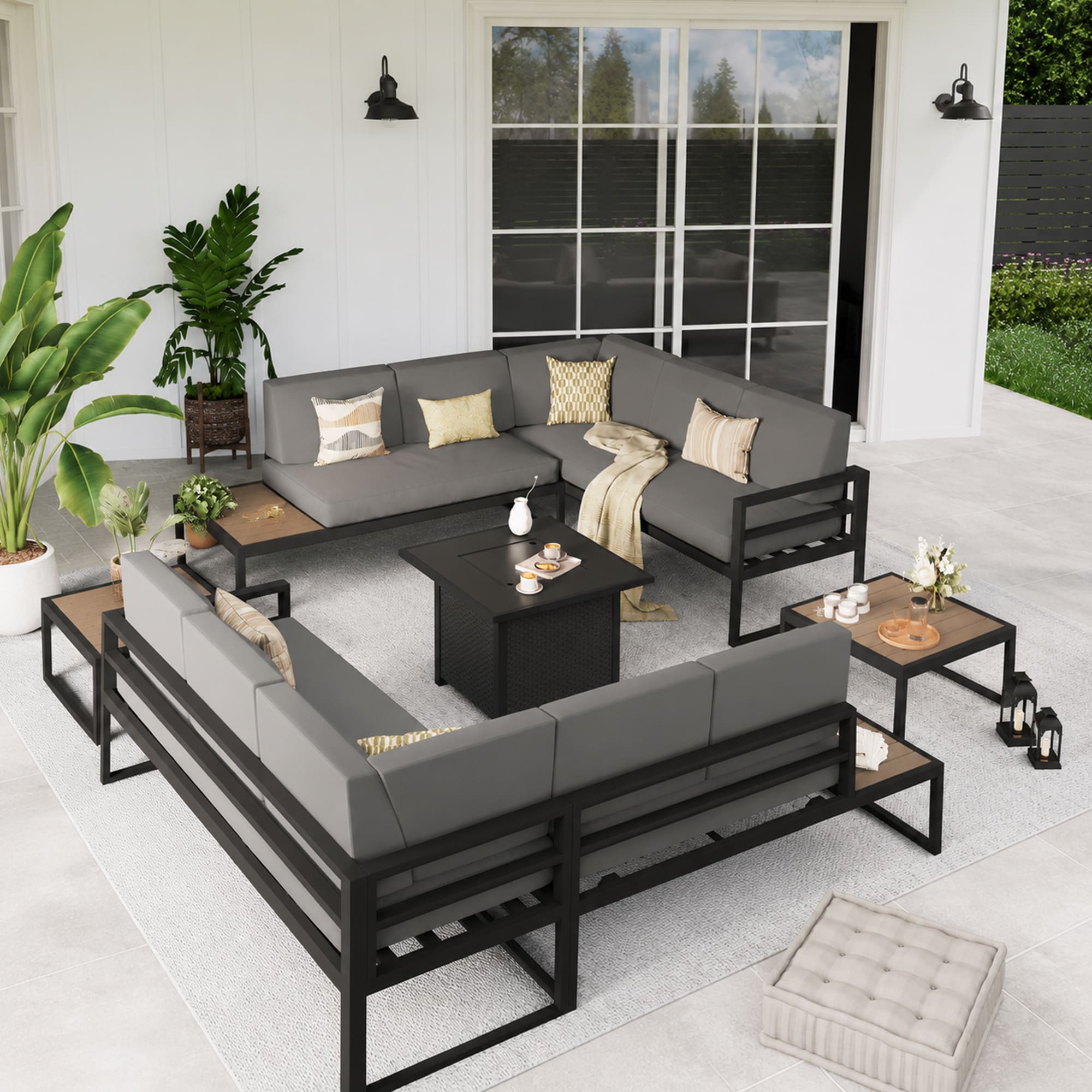HYALON 10-Piece Aluminum Patio Conversation Seating Set with Side Table and Coffee Table and Dark Grey Cushions and Firepit