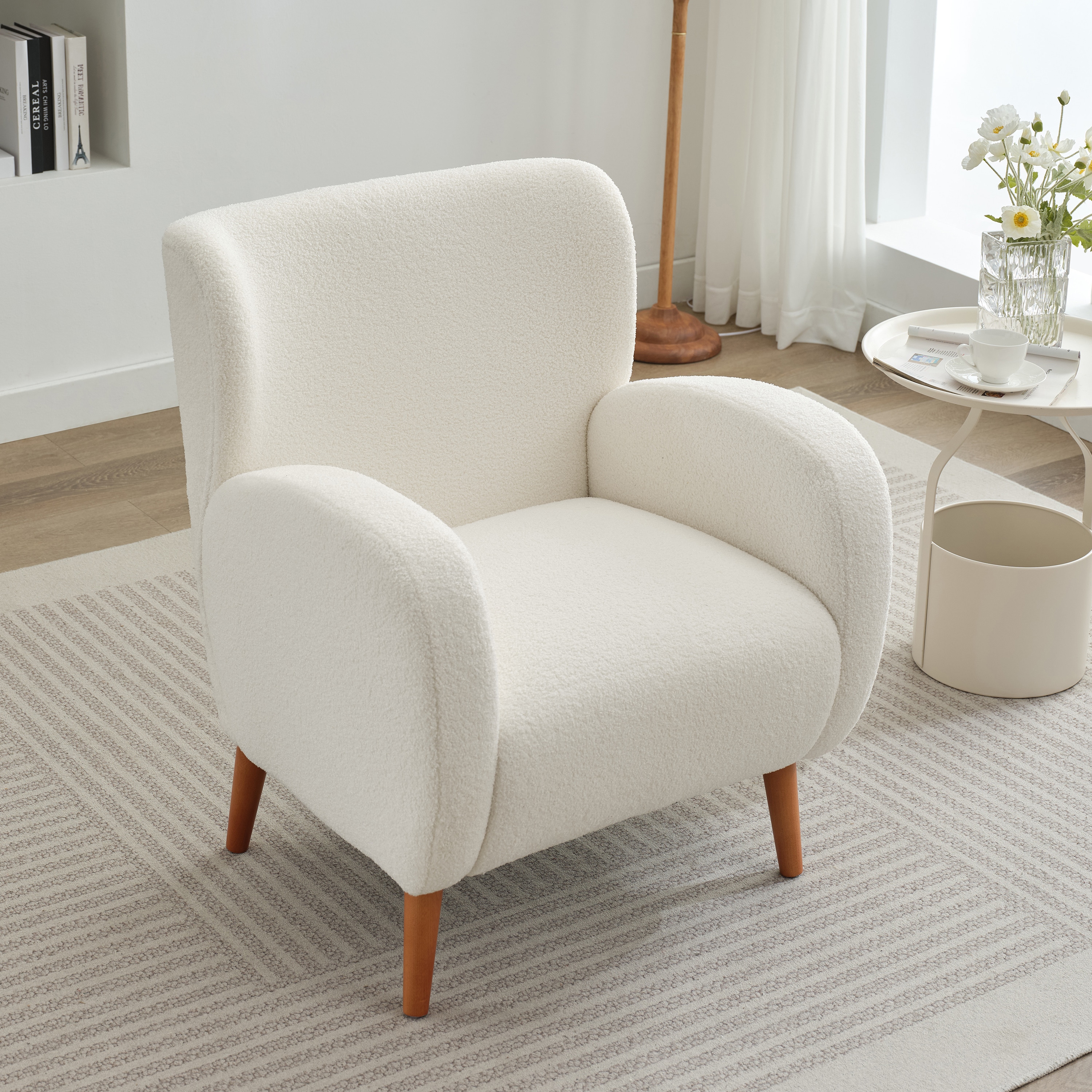 Beige Boucle Wingback Accent Chair with Wood Legs