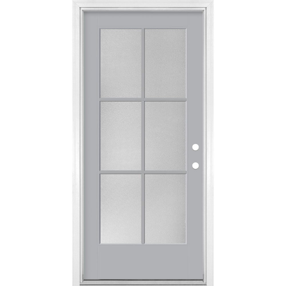 Masonite 1524347 36-in x 80-in x 4-9/16-in Fiberglass Full lite Right-hand inswing Infinity Gray Painted Prehung Single door Front Door with Brickmould Insulating core Simulated divided light