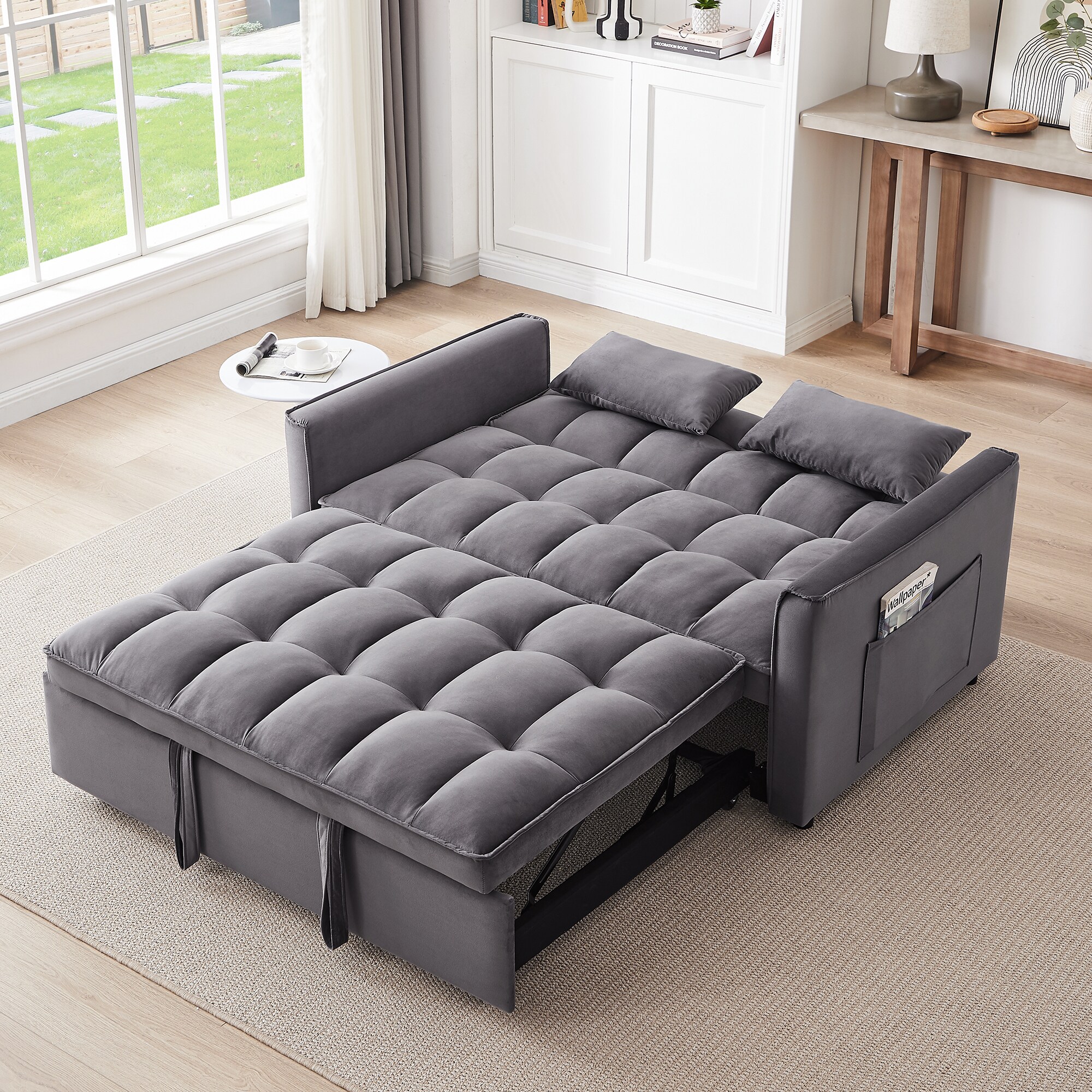 Sumyeg Modern velvet double sofa Futon sofa bed 55.2 in Modern Dark Grey Velvet 2 seater Reclining Sofa LY WF191003AAN at Lowes