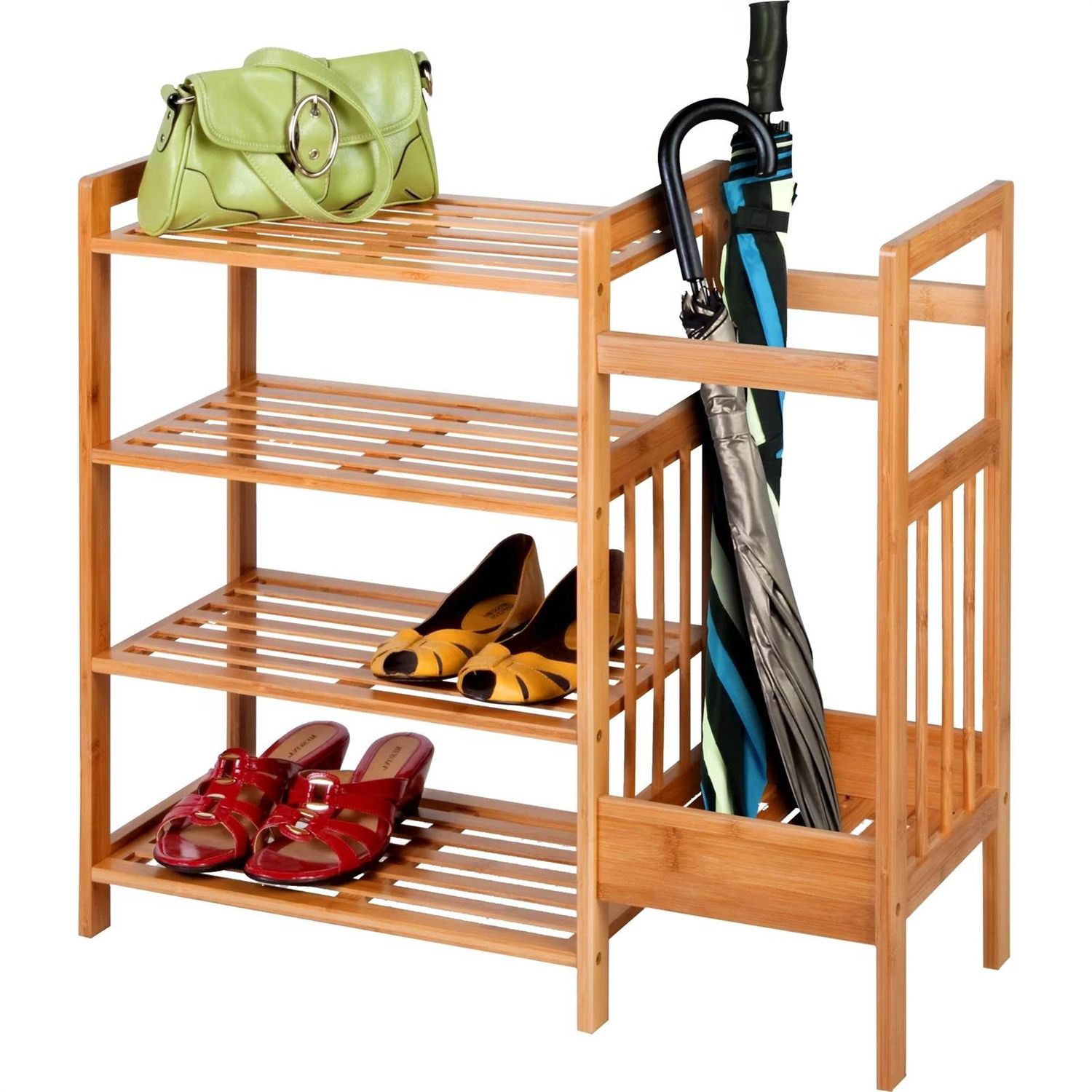 Slickblue 4-Tier 8-Pair Natural Bamboo Shoe Rack with Umbrella Holder for Entryways Hallways Mudrooms- 25.25 Inch H