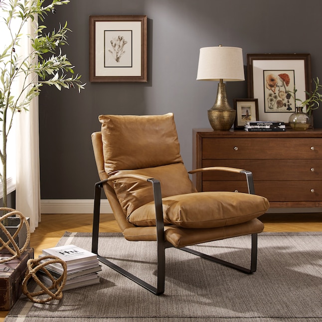 Art Leon Mid Century Cognac Genuine Leather Accent Chair with Black ...