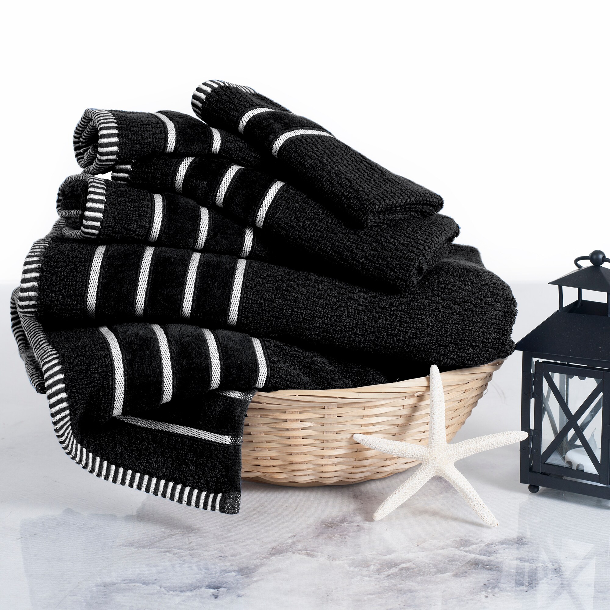 Hastings Home 2-Piece White/Black Cotton Quick Dry Bath Towel Set