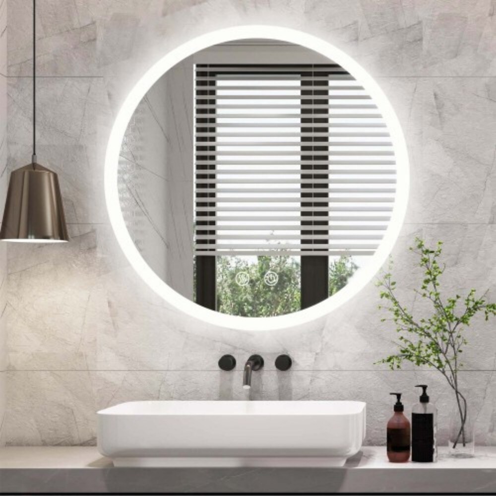 AAZJ BG-RD-2424-M Bathroom Mirrors 24-in x 24-in Beveled Frameless Round Dimmable LED Lighted Fog Free Bathroom Vanity Mirror ( Natural )