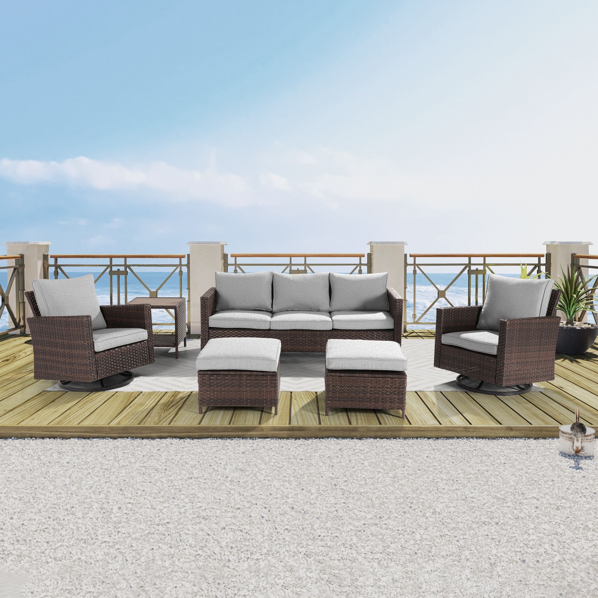 ACEGOSES LW-115BLY-2RT3 6 -Piece Wicker Patio Sofa Conversation Set with Light Gray Cushions