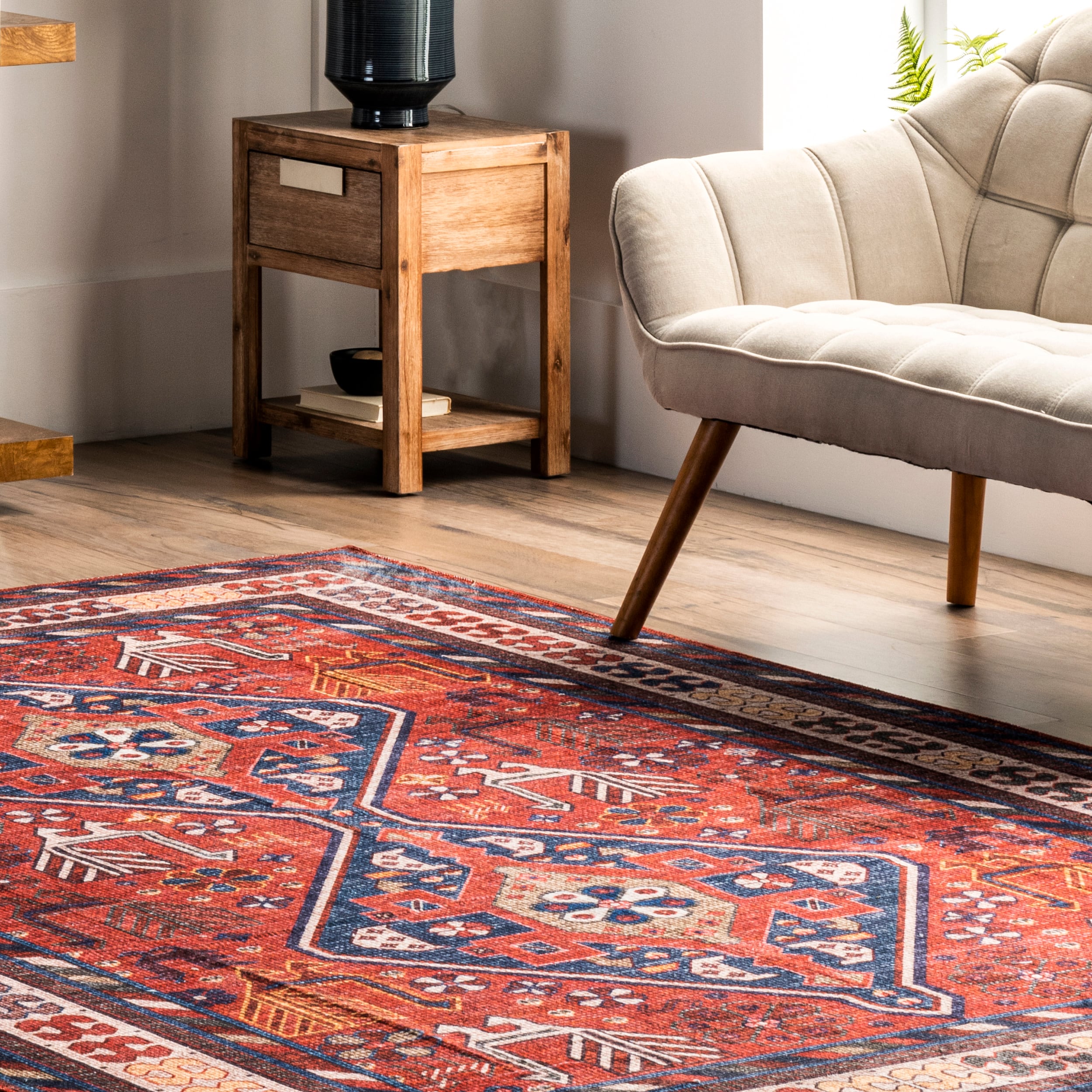 Stella Red and Ivory Synthetic 5x8 Machine Washable Area Rug