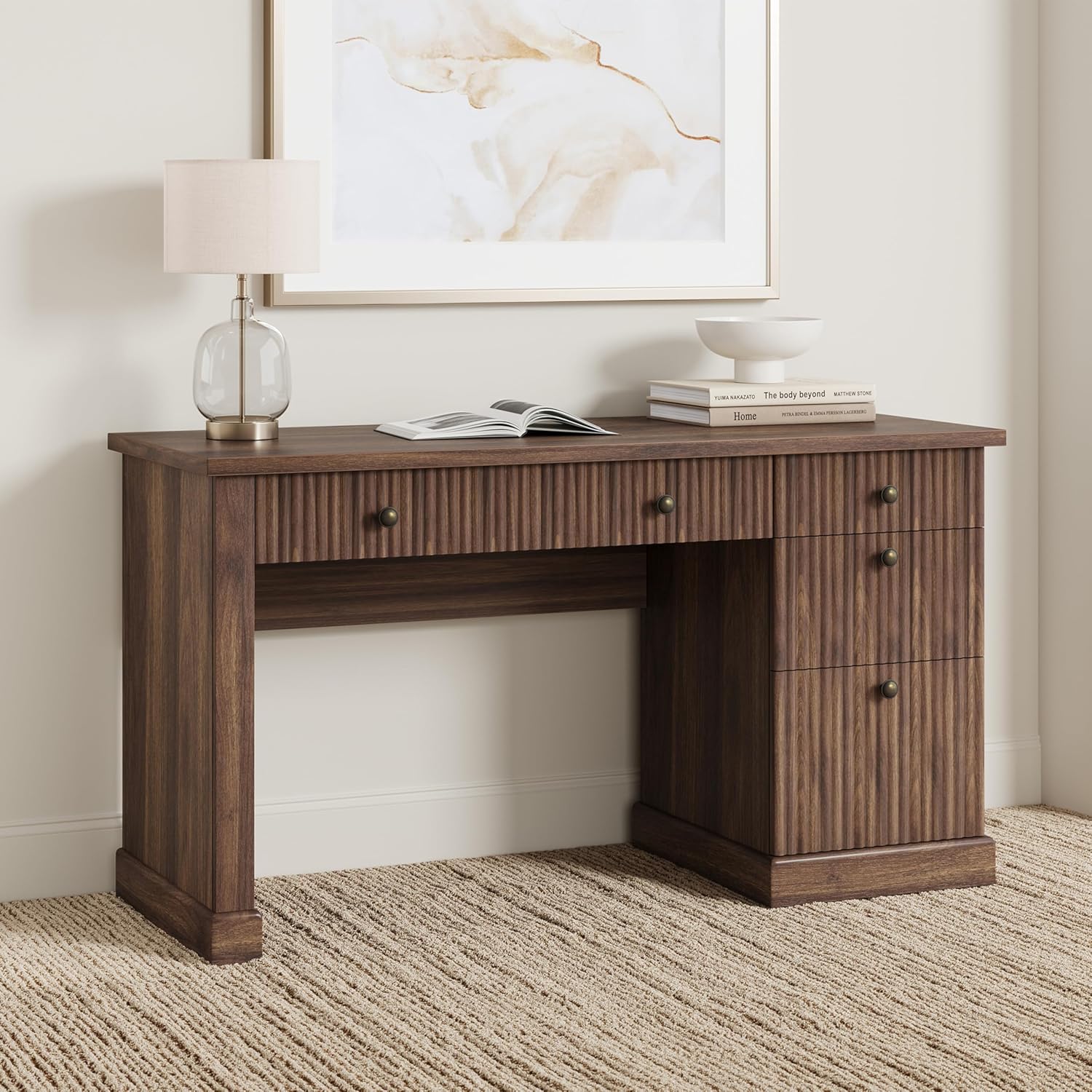 WhizMax XSN-PHK-35DR-BR 54 inch Modern Fluted Home Office Desk with Charging Station Wooden Computer Writing Desk with File Drawers for Office Home Brown