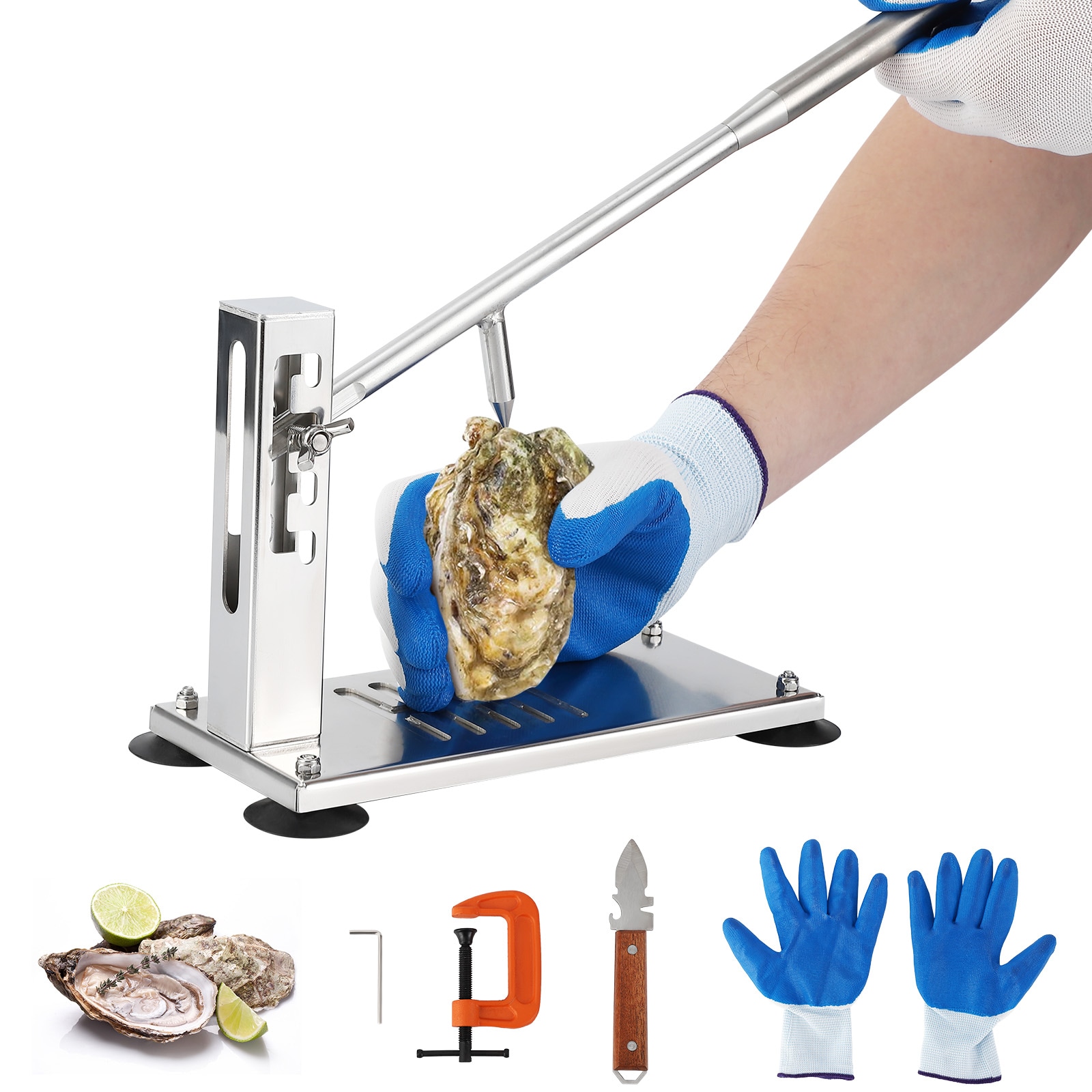 Garvee Stainless Steel Oyster Shucker Machine - 4-Level Adjustable Height Shucking Tool with G-Clamp and Cut Resistant Gloves - Safe Seafood Opener Set for Home Kitchen Restaurant #BQK-60HY8PQ8