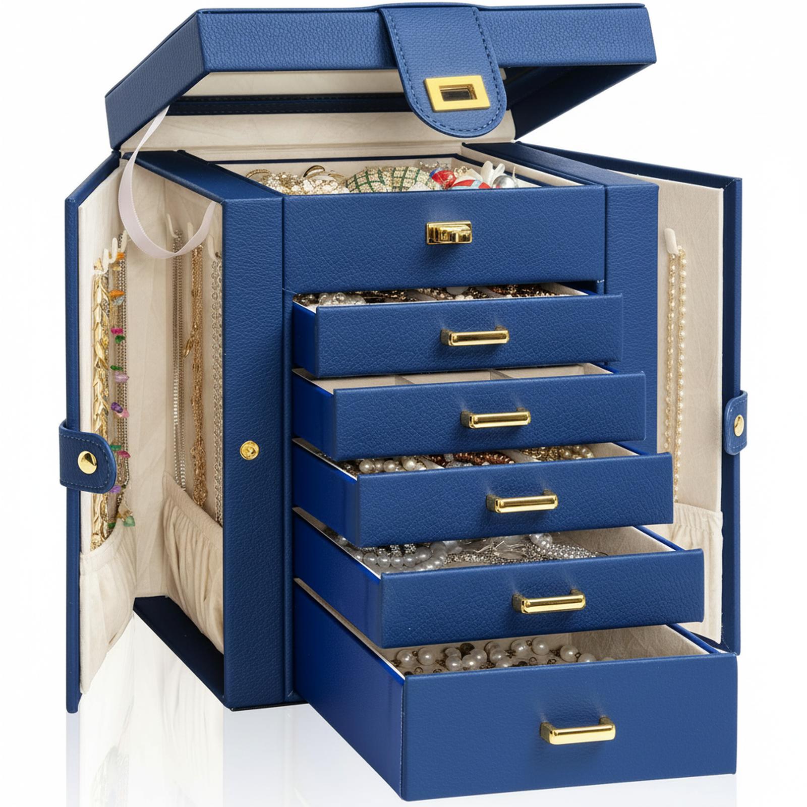 Baginizer  Extra Large Jewelry Organizer Box with Mirror 6 Drawers 2 Side Cabinets for Rings Necklaces Earrings Bracelets