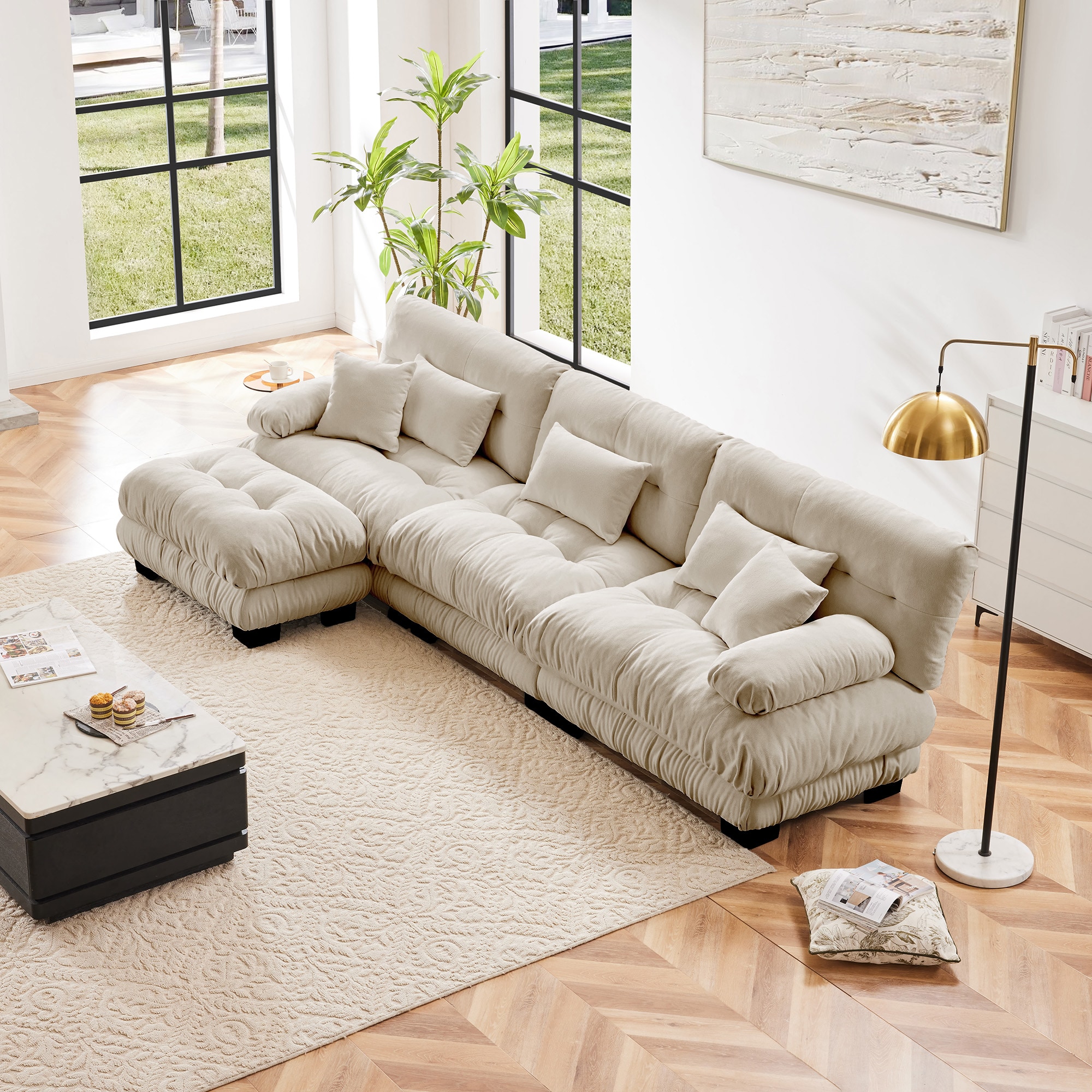 GDFStudio 326658 Octavian Chenille 3-Seater Cloud Sofa with 1 Convertible Ottoman