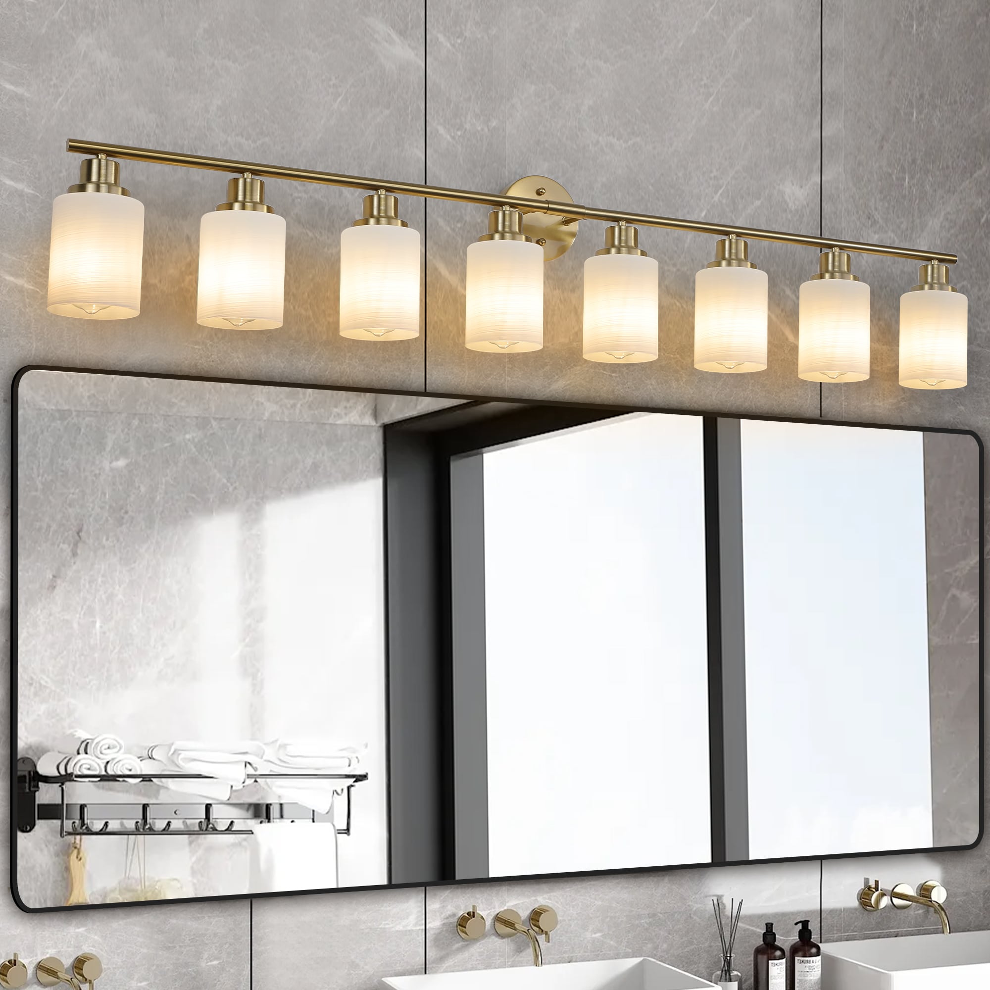 LUXEYARD - 52in  Modern 8-Light Vanity Wall Sconce  Golden Finish with Frosted Glass Shades for B...