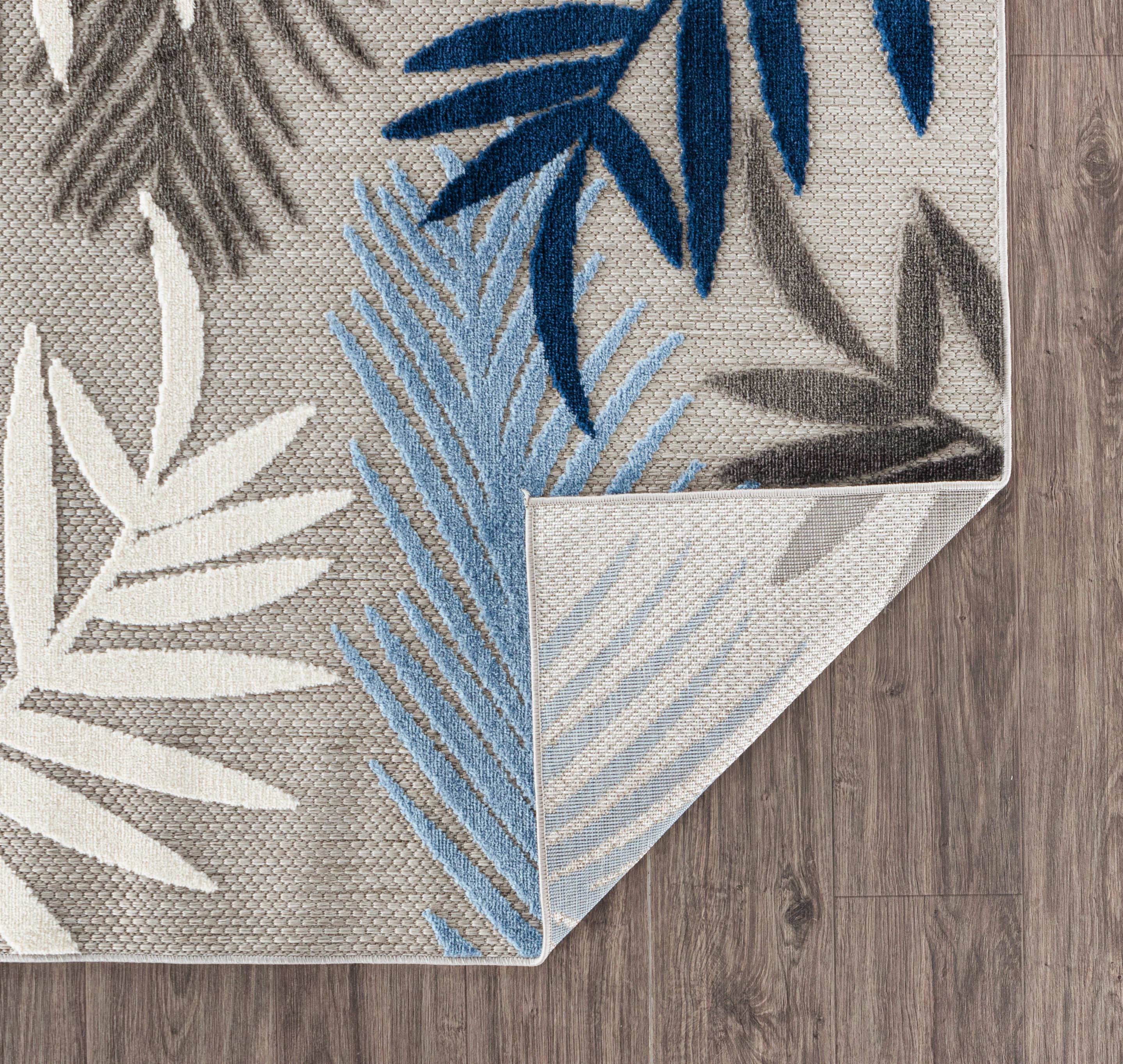 Evora Blue and Gray Palm Frond Indoor/Outdoor Area Rug