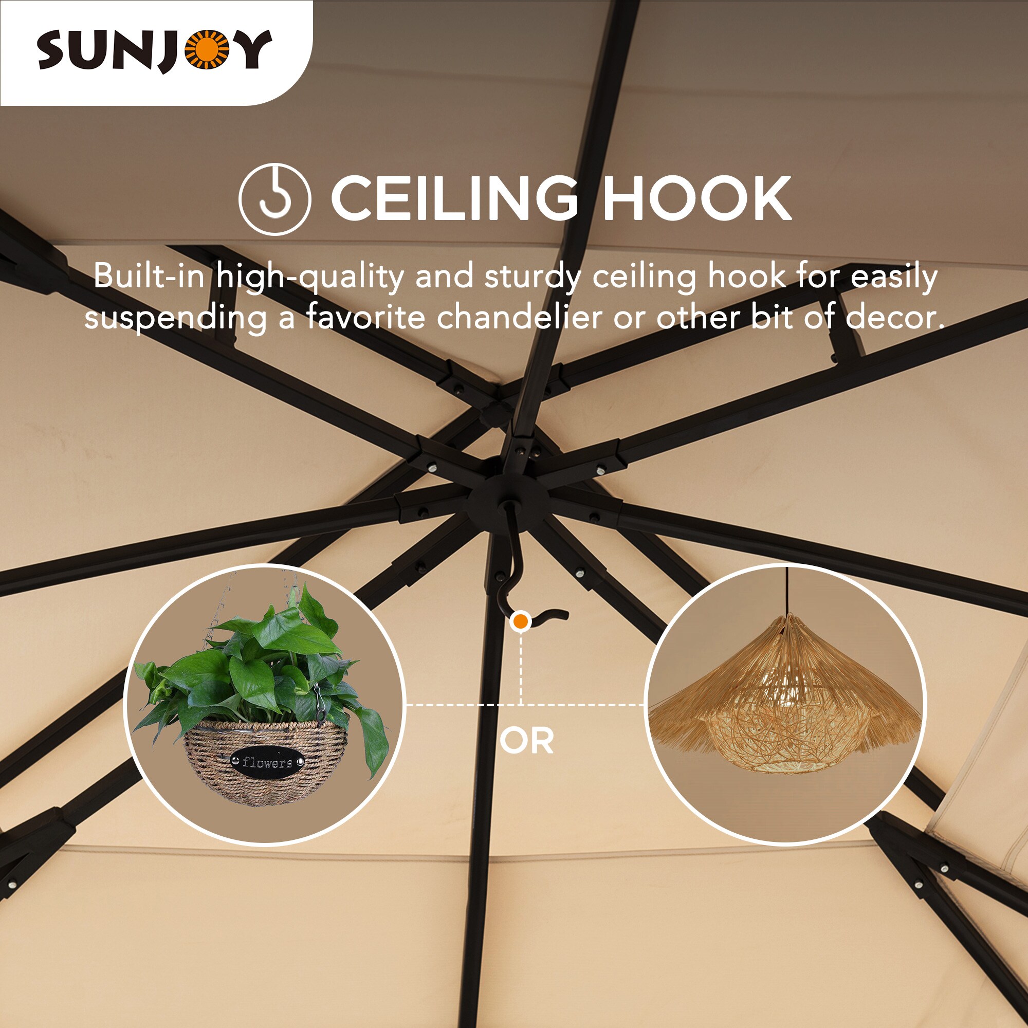 Sunjoy Beige Canopy Black Steel Frame Octagon Gazebo with Mosquito Netting