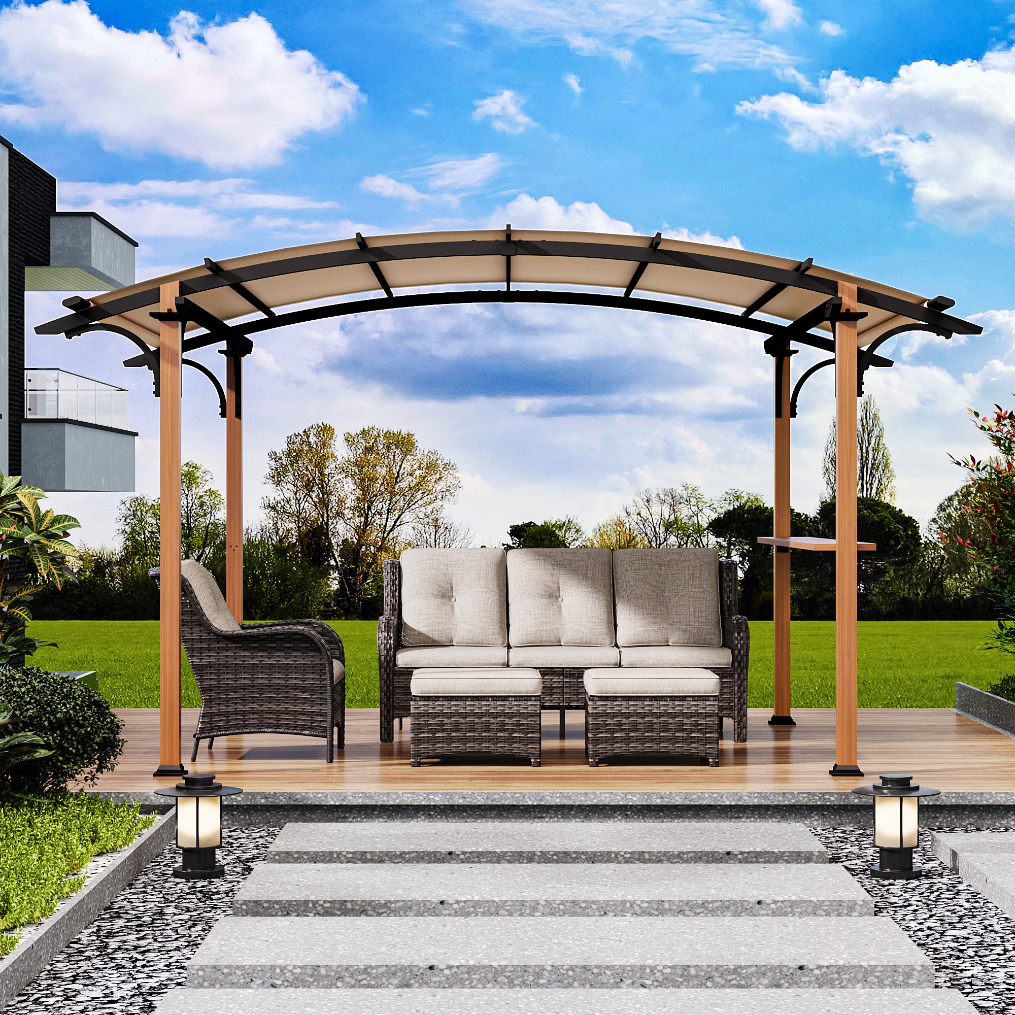 Gardenbee 13-ft W x 8-ft 9-in L x 7-ft 3-in H Beige Metal Attached Pergola with Canopy
