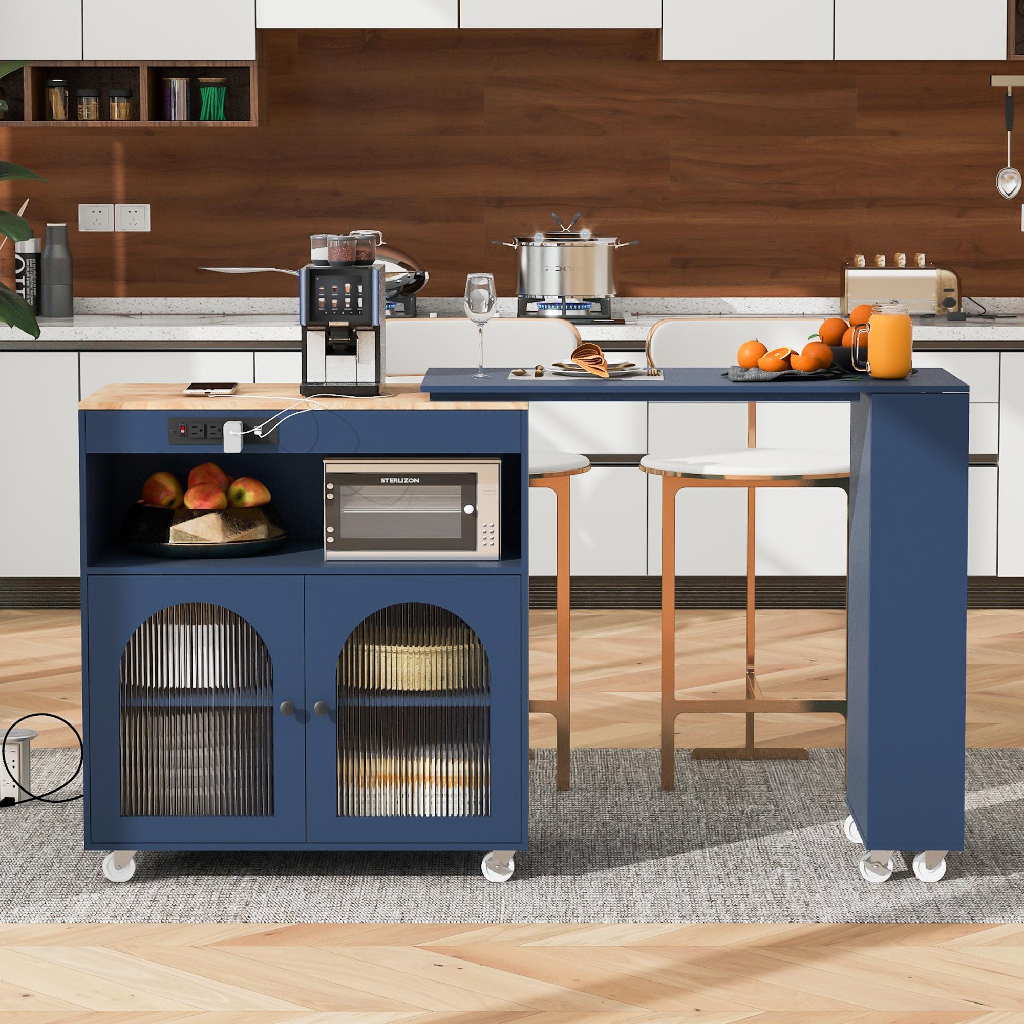 Bayfeve BF-316018N-IN Blue MDF Base with Wood Rolling Kitchen Island ( 15.75-in x 56.3-in x 37.1-in )