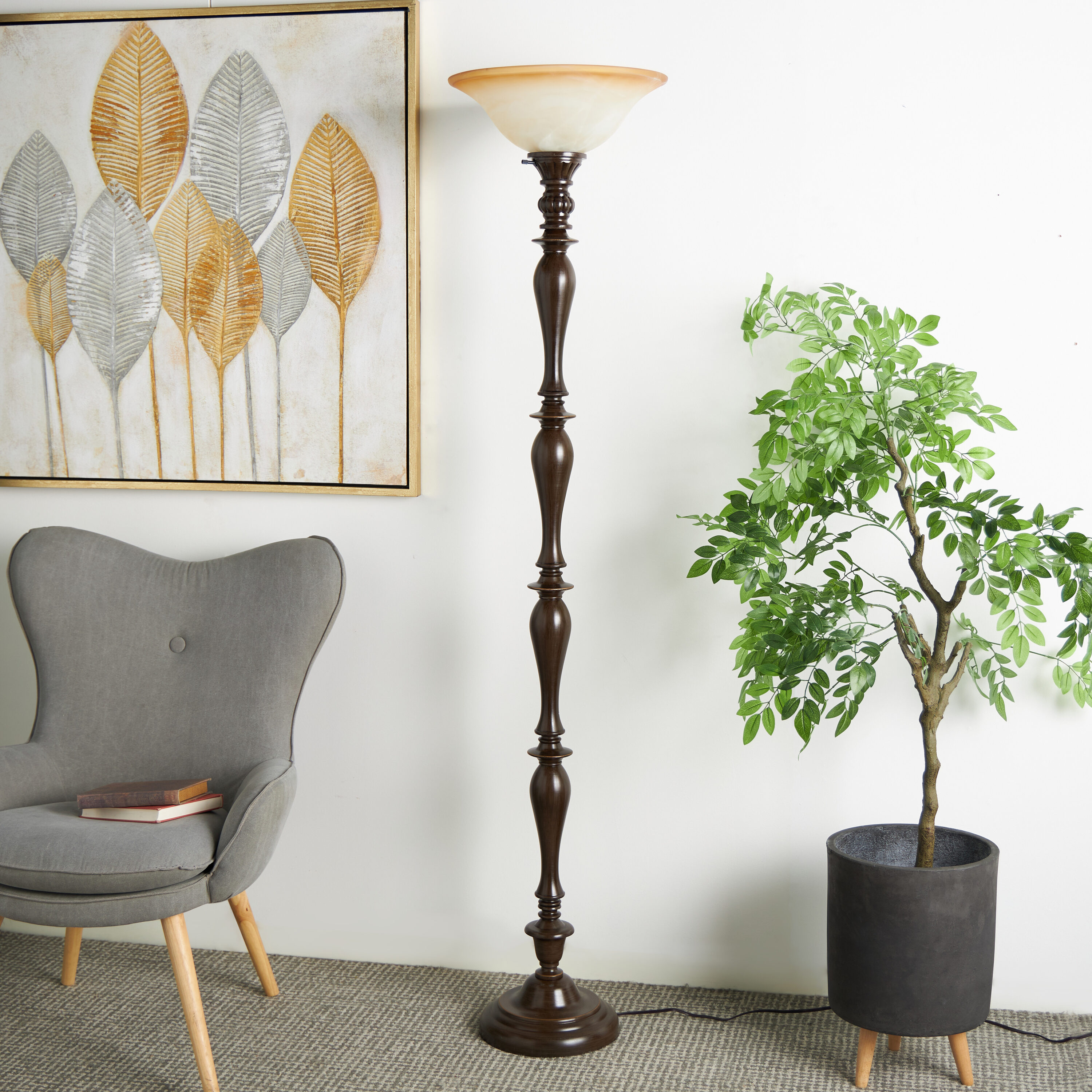 Grayson Lane 47635 71.5-Inches Brown Antique Style Torchiere Floor Lamp with Fabric Shade