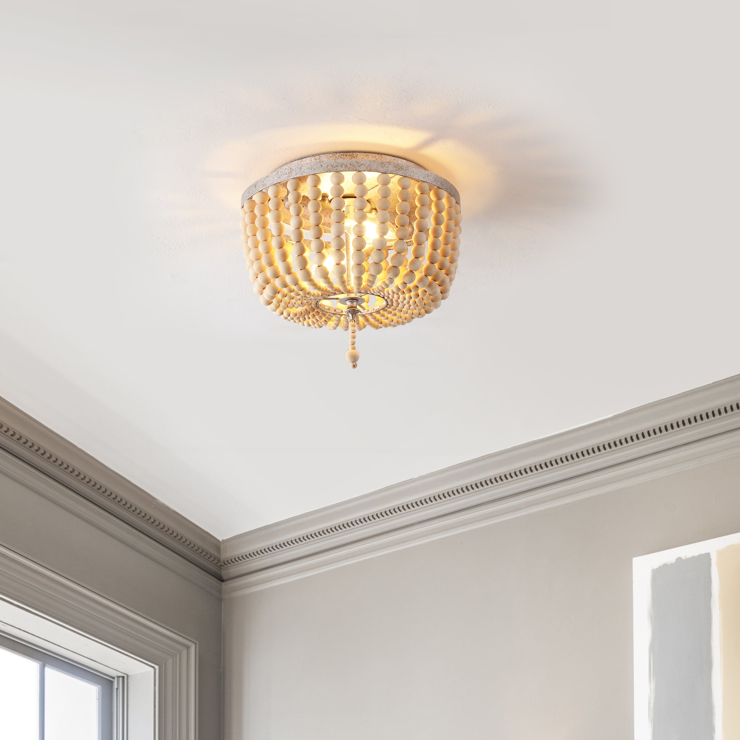 Antique Silver and Cream Wood Beaded Farmhouse Flush Mount Light