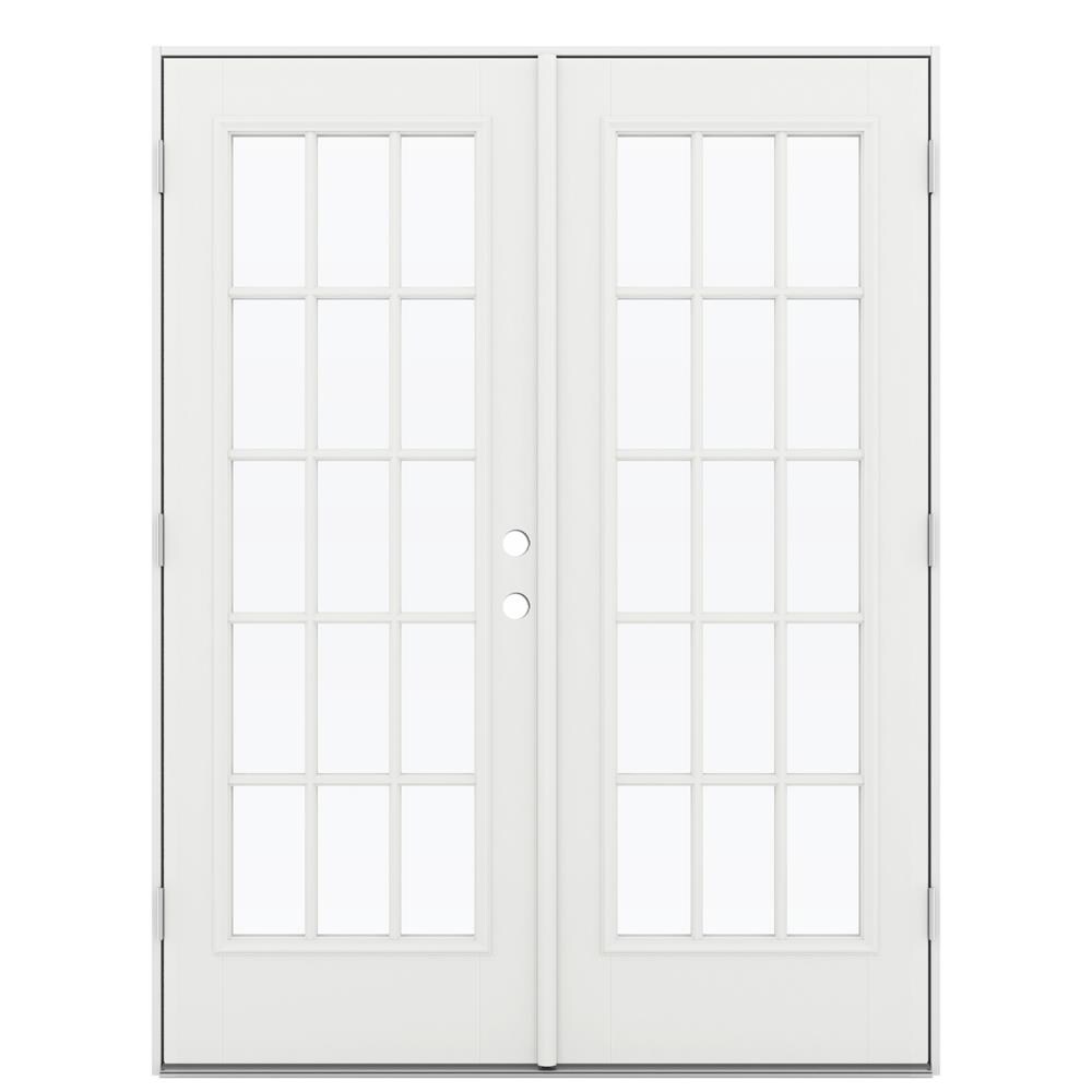 60-in x 80-in x 4-9/16-in Jamb Low-e External Grilles Modern White Fiberglass French Right-Hand Outswing Double Patio Door | - JELD-WEN LOWOLJW184100075