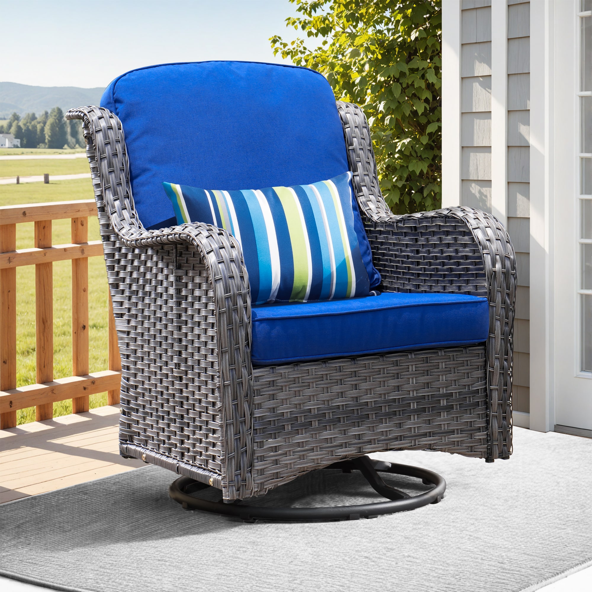 Pouuin SYZGNTC701 Wicker Gray Metal Frame Swivel rocker Rocking Chair with Navy Cushioned Seat