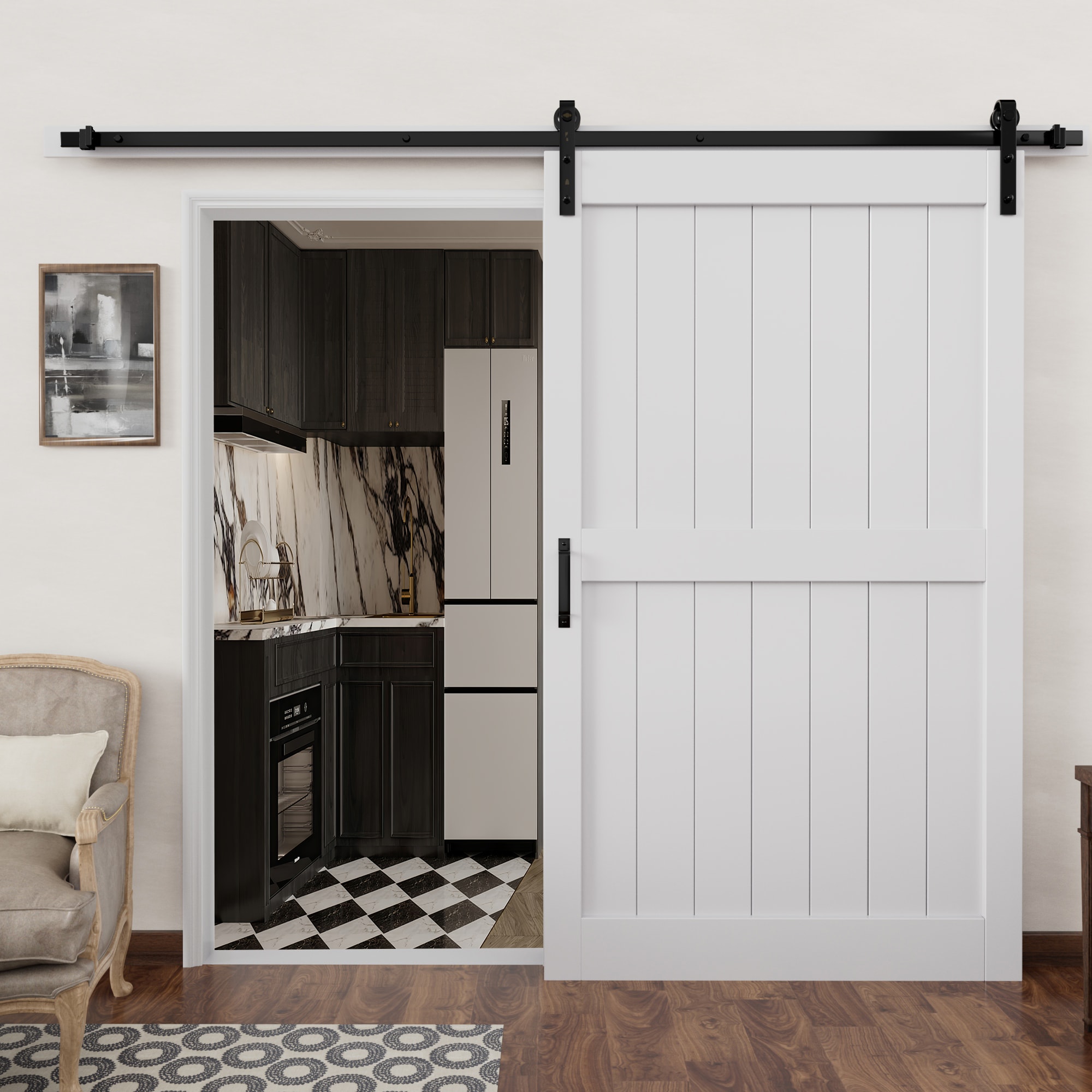 JUJUBON IN-BDR-PR-BD-R-48 48-in x 84-in White Square MDF Solid core Single Barn Door (Hardware Included)