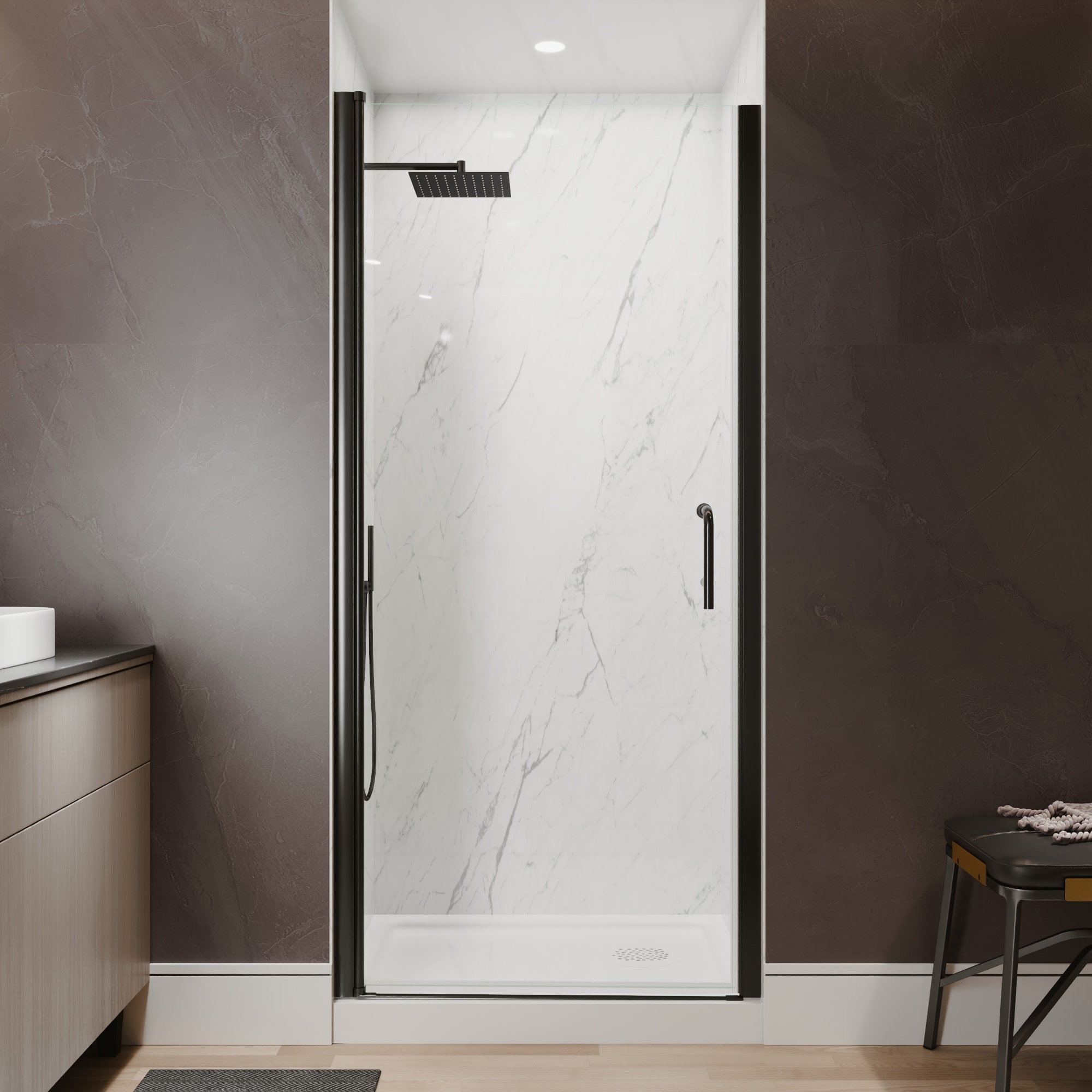 ANGELES HOME  Matte Black 34-in to 36-in W x 72-in H Semi-Frameless Pivot Shower Door with 1/4-in Clear Tempered Glass