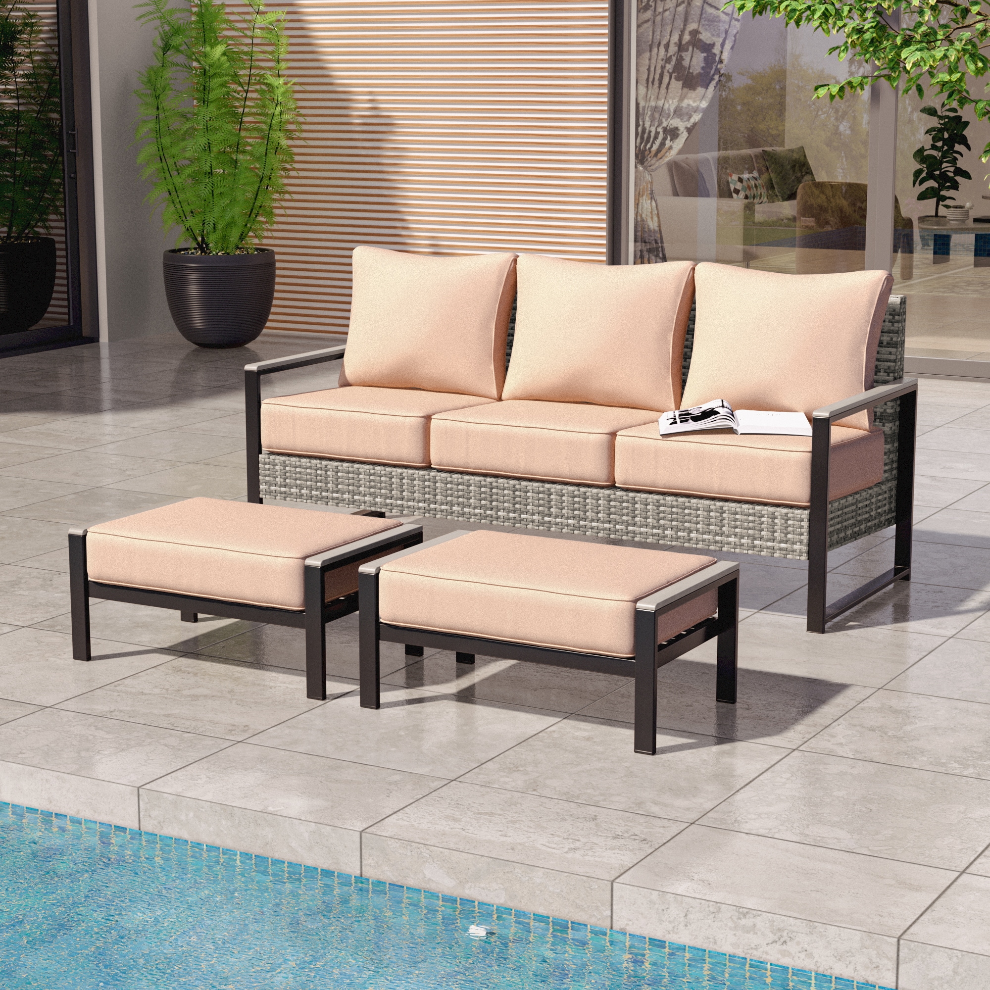 ACEGOSES LW-PS-148S1HSD Skytop 3 -Piece Wicker Patio Sofa Conversation Set with Beige Cushions