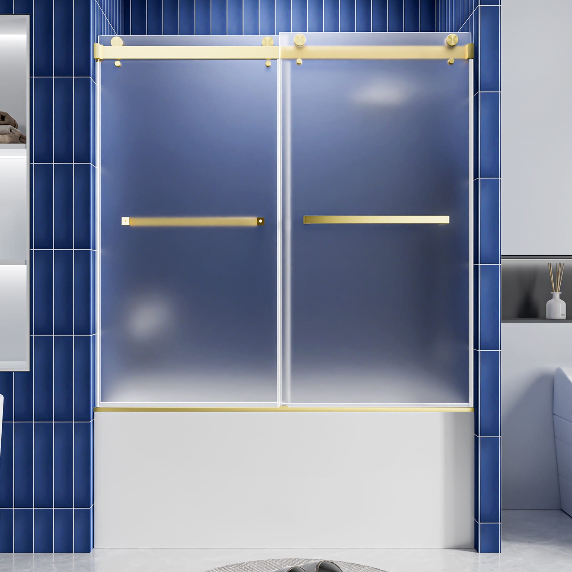 Cuschoice  56-60 in. W x 60 in. H Brushed Gold Semi-Frameless Double Sliding Tub Shower Door 8mm SGCC ANSI Nano Coating Frosted Glass Stainless Steel