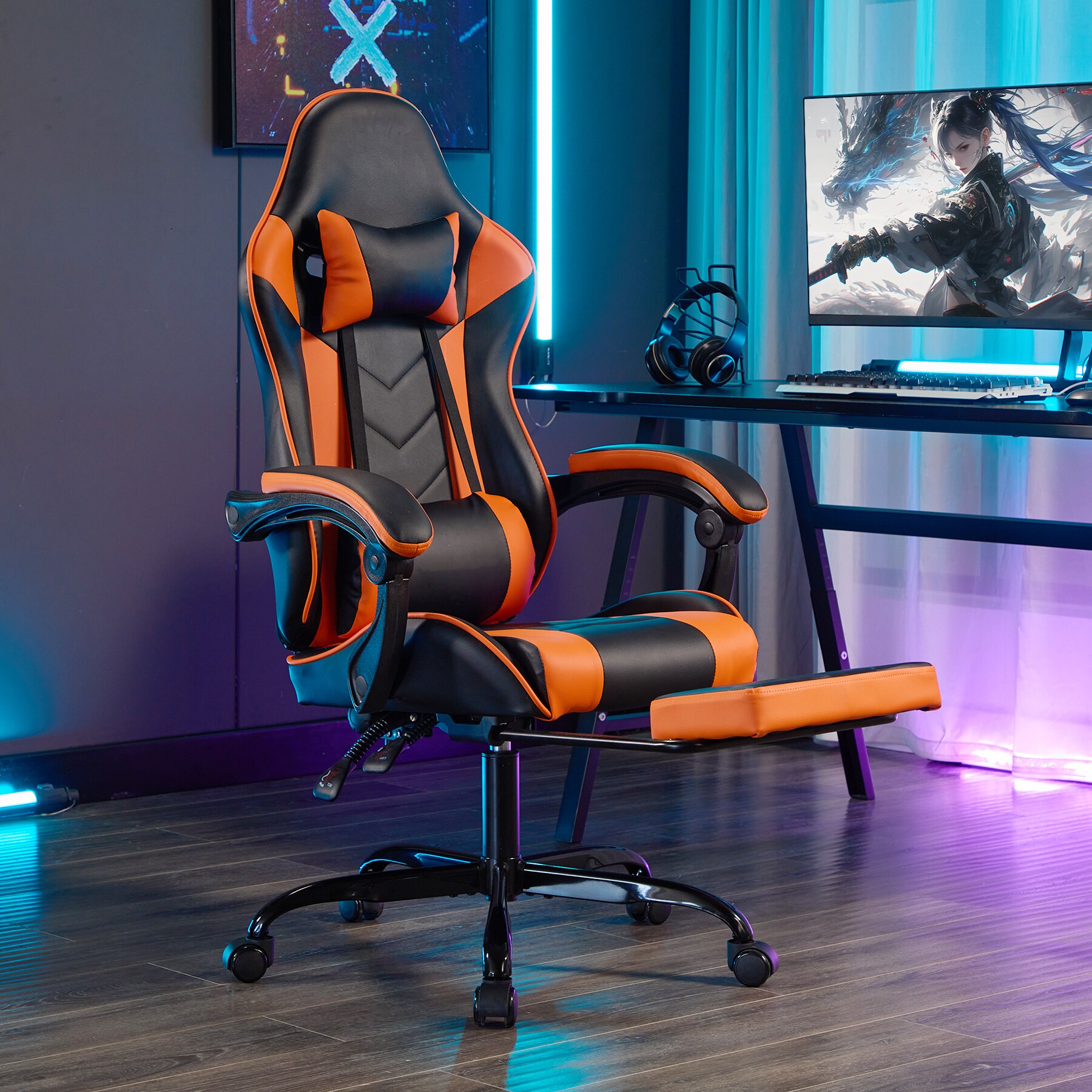 Black And Orange Ergonomic Adjustable Height Swivel Faux Leather Gaming Chair with Footrest Offic...