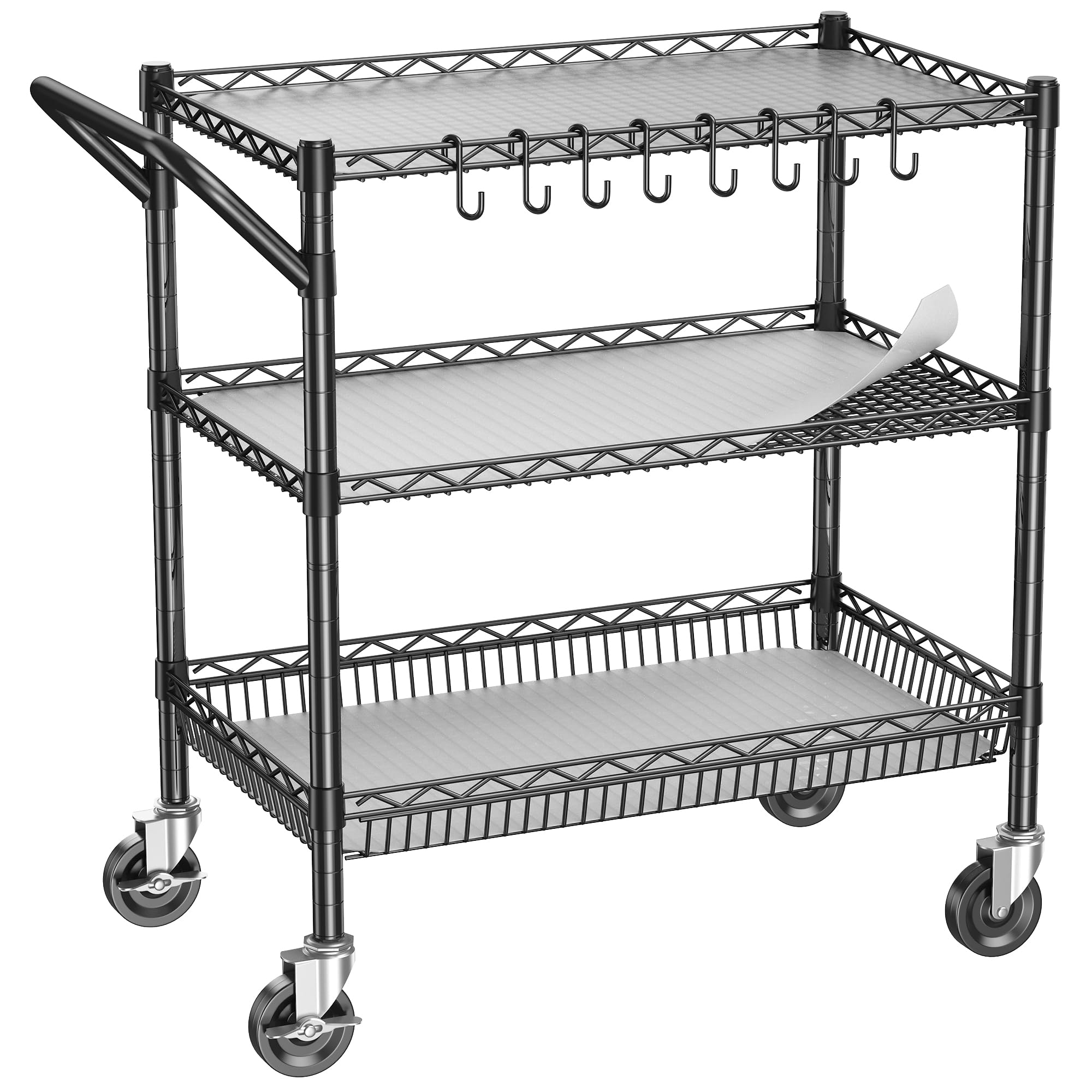 Adrinfly  Heavy Duty Utility Cart with Wheels 3 Tier Rolling Metal Cart with Handle Bar and Shelf Liner for Garage Kitchen Restaurant
