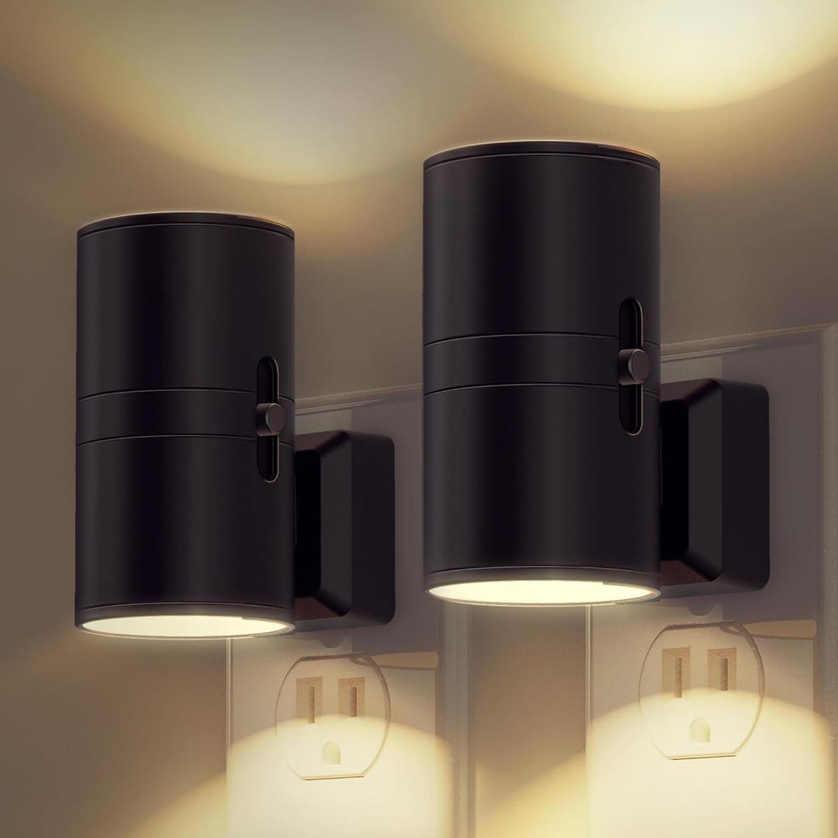 Jokupey  Adjustable Brightness Plug in Night Light with Dusk to Dawn Sensor - 2 Pack Soft White 3000K 0-100LM Dimmable Black Cylindrical Frame for Hallway Bedroom Stairway