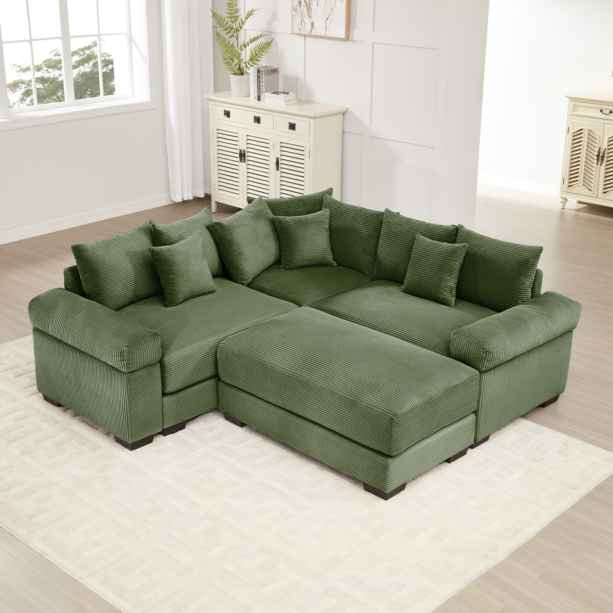 Homy Casa OCMSCM GR OCMSCM Olive Green Oversized Cloud Modular Sectional Couch Convertible Sectional with Deep Seat Extra-Wide Armrests 10 Throw Pillows Premium Corduroy Fabric