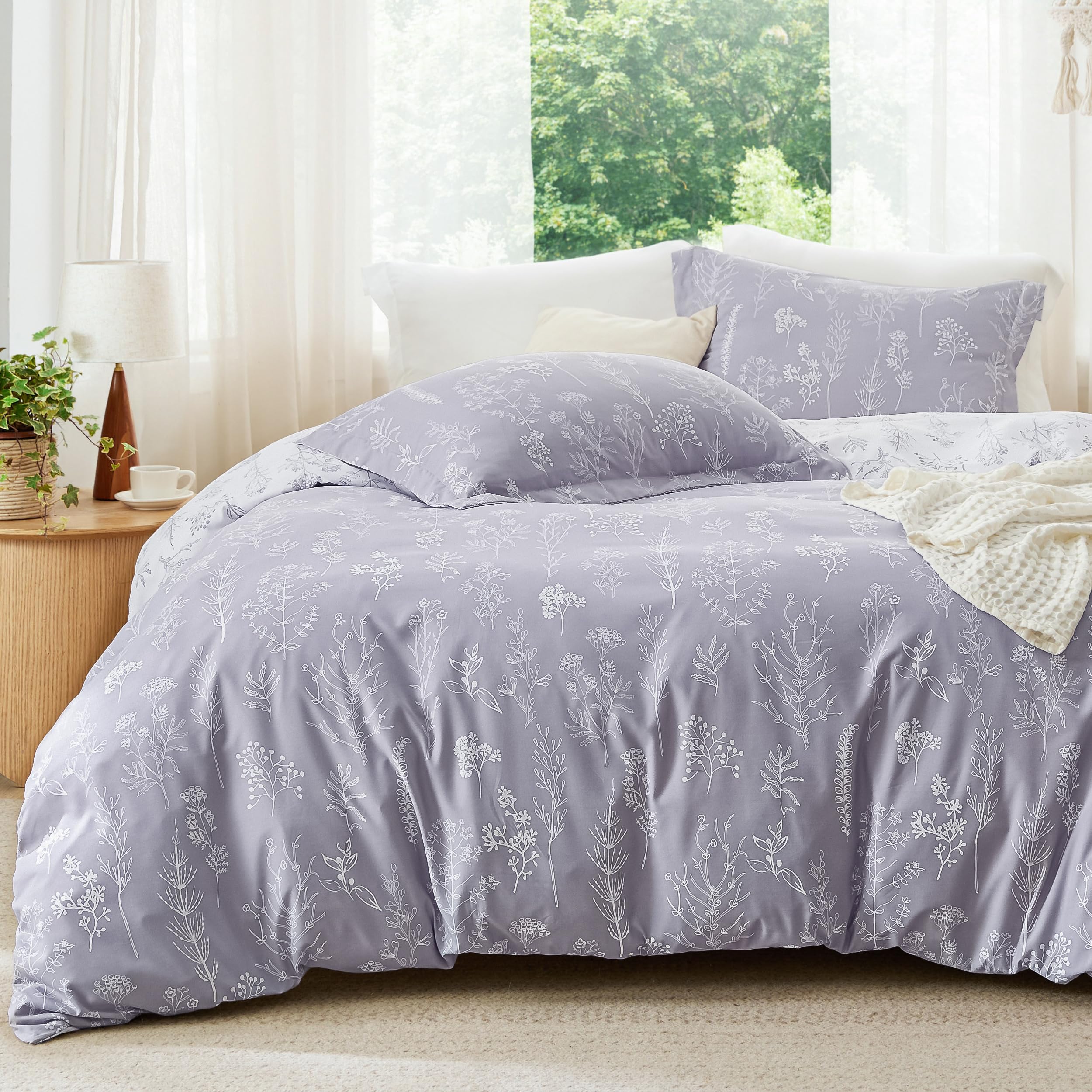 Bedsure Comforter Set Queen Size 90x90 Lavender Down Alternative Reversible Botanical Soft Fluffy 3 Pieces