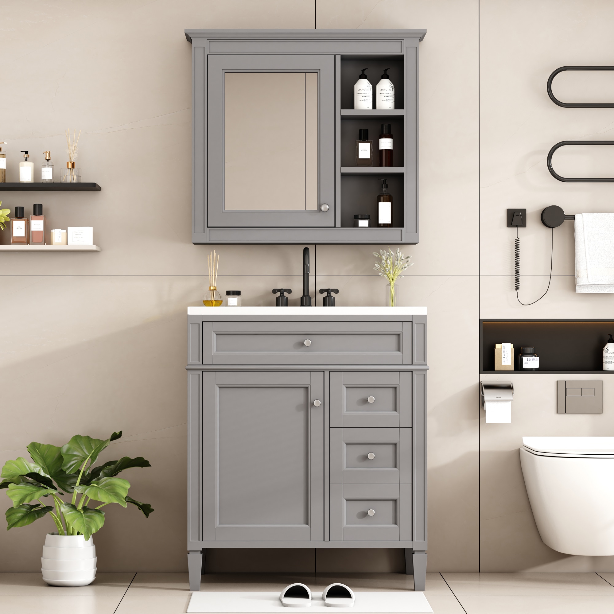 GDFStudio 30 Inch Bathroom Vanity with Top Sink Modern Bathroom Storage Cabinet with 2 Drawers and a Tip-out Drawer Freestanding Vanity Set with Mirror Cabinet Single Sink Bathroom Vanity